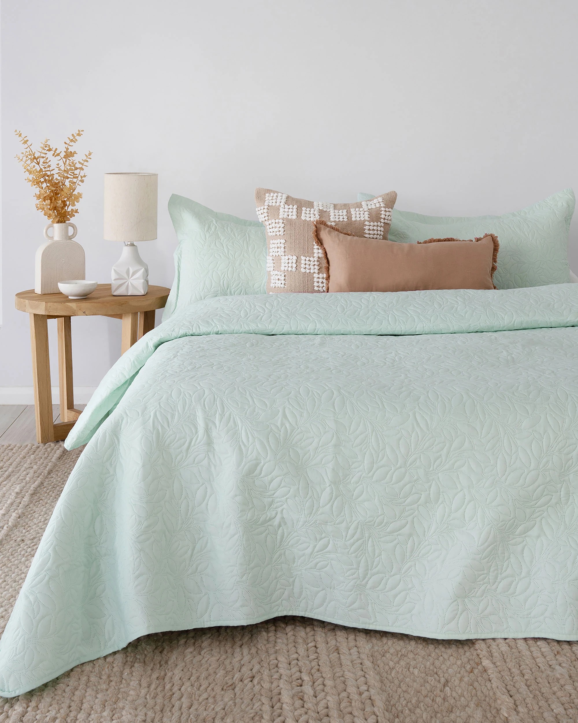 1 Bambury Botanica Embossed Microfibre Lightweight  Coverlet Set Glacier  - Queen/King - Green, 1 of 4