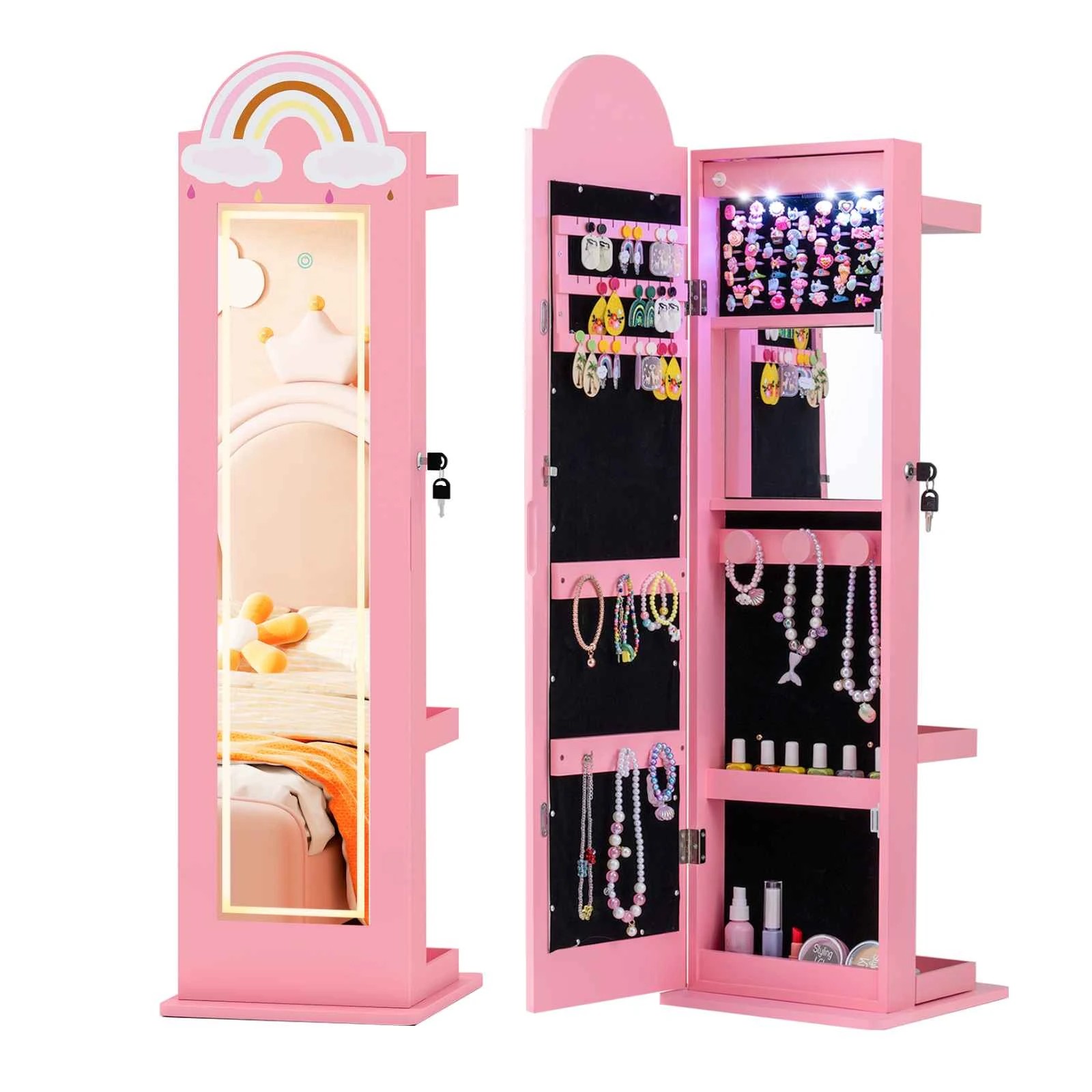 1 Costway 3-in-1 Mirror Jewellery Cabinet Jewelry Storage Organizer Princess Armoire - Pink, 1 of 3