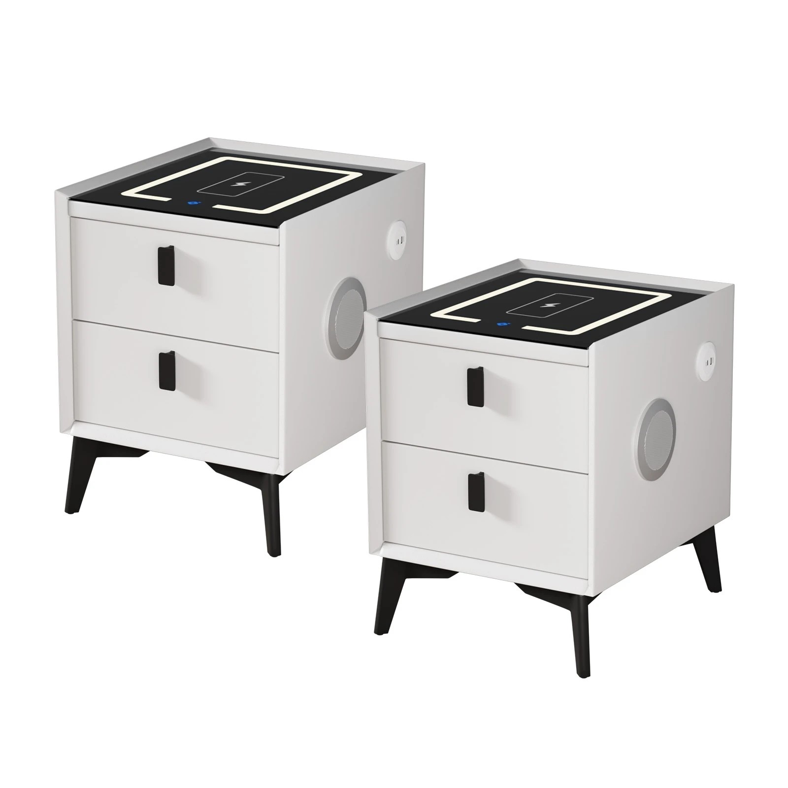 1 Oikiture Set of 2 Smart Bedside Tables Wireless Charging LED Drawers Nightstand - White, 1 of 7