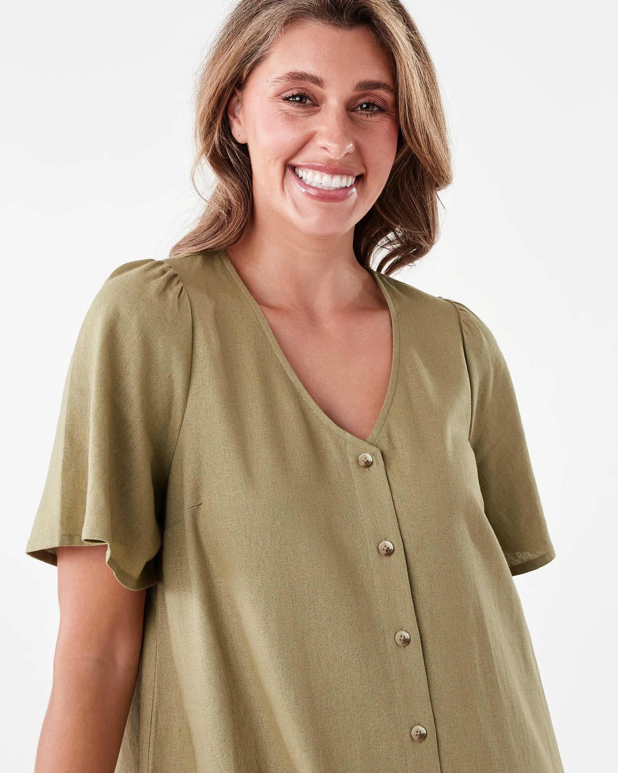 4 Short Sleeve Linen Blend Drop Tier Mini Dress Urban Grn, 4 of 8