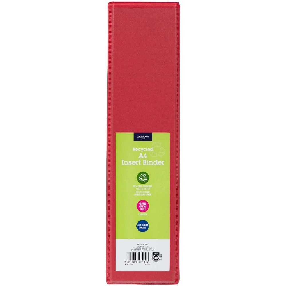 2 J.Burrows Insert Binder A4 2 D-Ring 50mm Red, 2 of 6