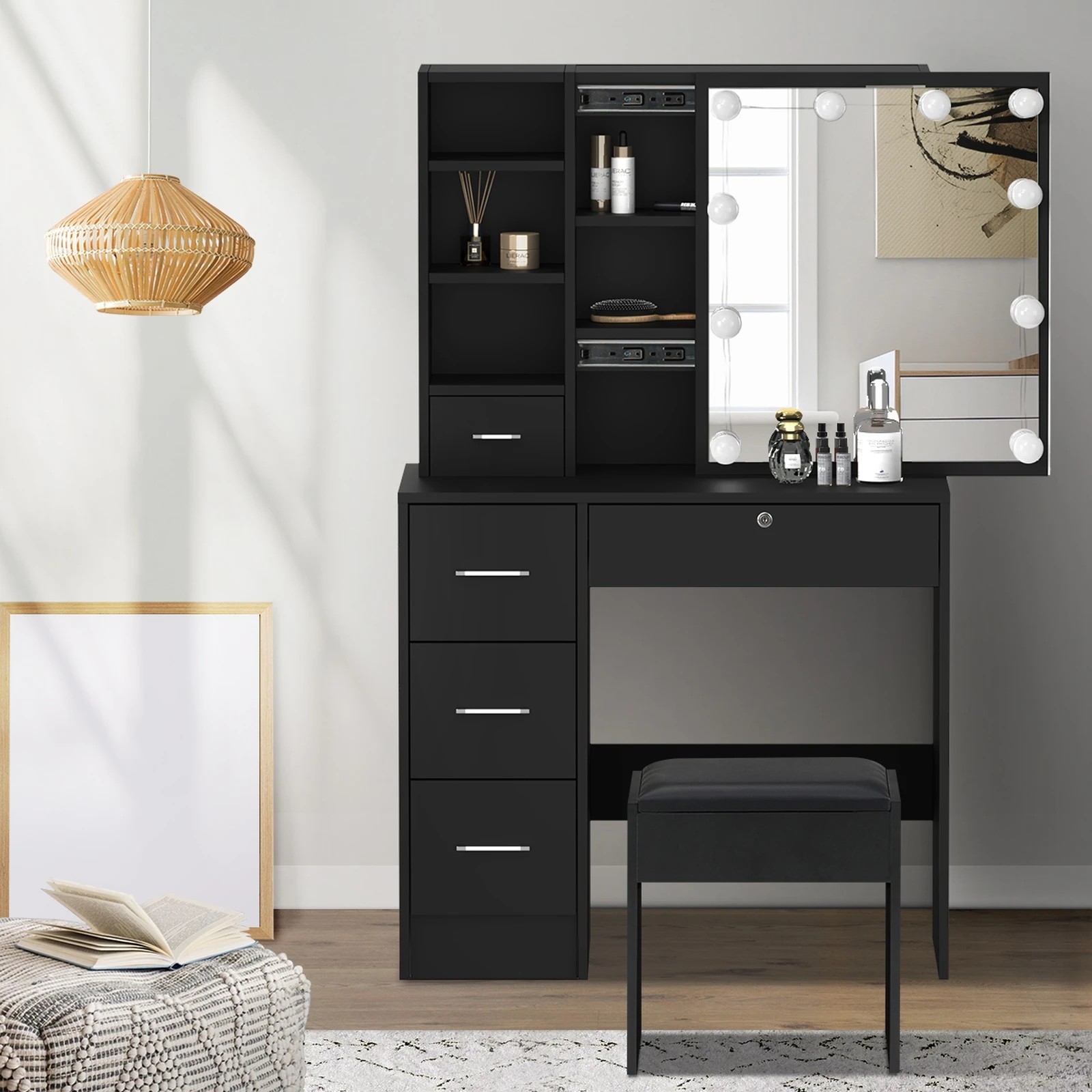 3 Oikiture Dressing Table Stool Set Makeup Slide Mirror Drawer 10 Led Bulbs
 - Black, 3 of 9