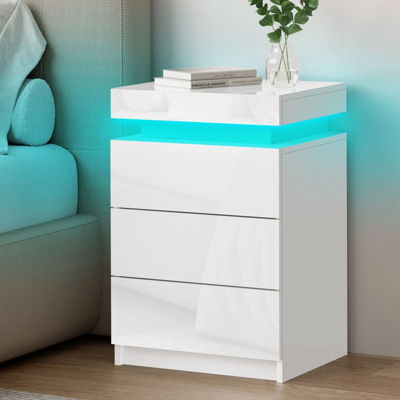 10 Alfordson Bedside Table RGB LED Nightstand 3 Drawers 4 Side High Gloss - White, 10 of 10