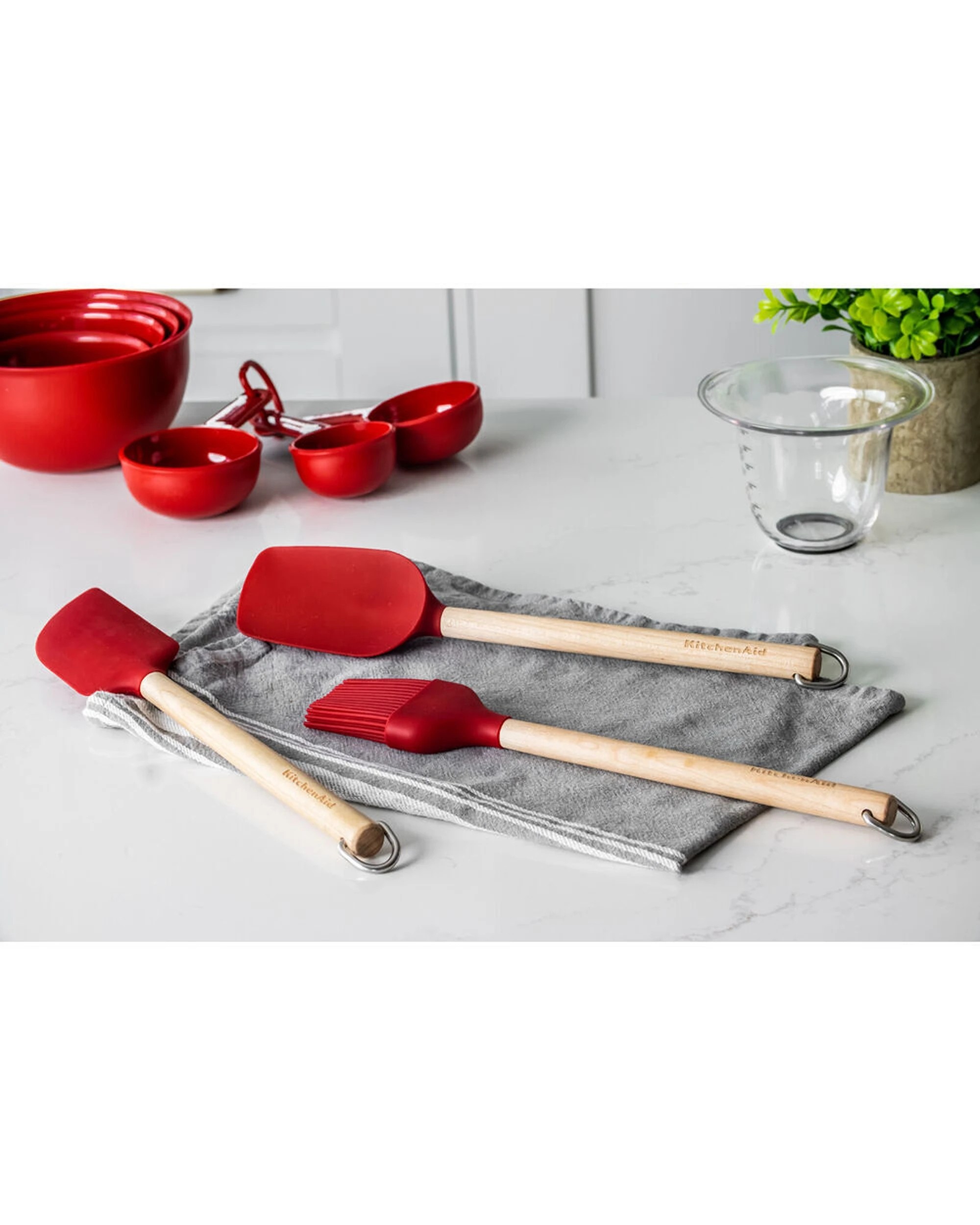 6 KitchenAid 2 x 3pc Birchwood Handle Baking Utensil Set Silicone Heads Kitchen - Red, 6 of 6