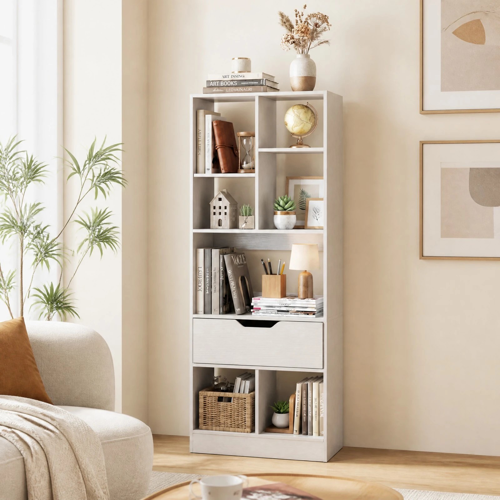 1 Costway 7 Cube Tall Bookshelf Bookcase w/Drawer Floor Display Rack Home Office - White, 1 of 5