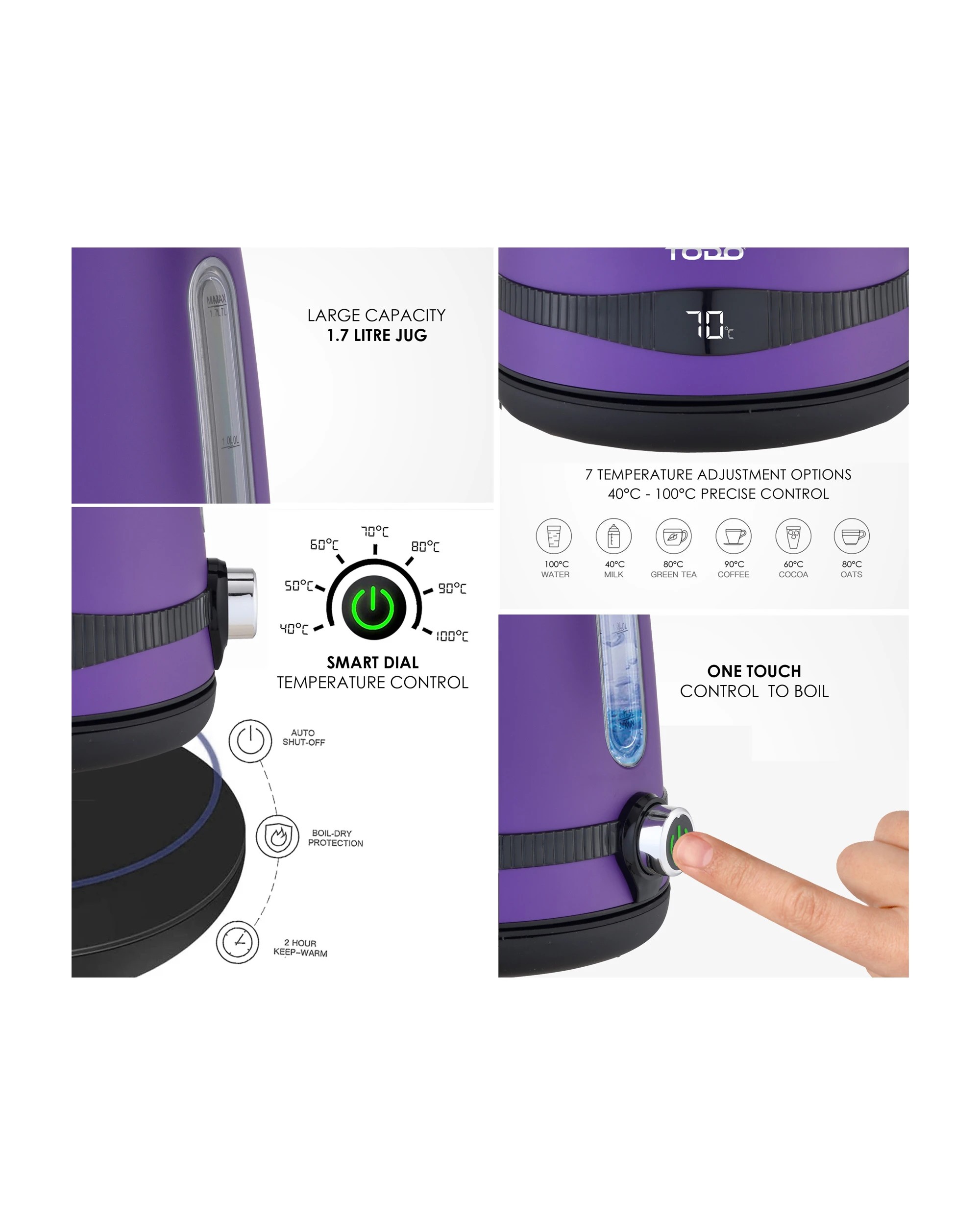 6 TODO 1.7L Stainless Steel Cordless Kettle Keep Warm Electric Led Water Jug - Purple, 6 of 7