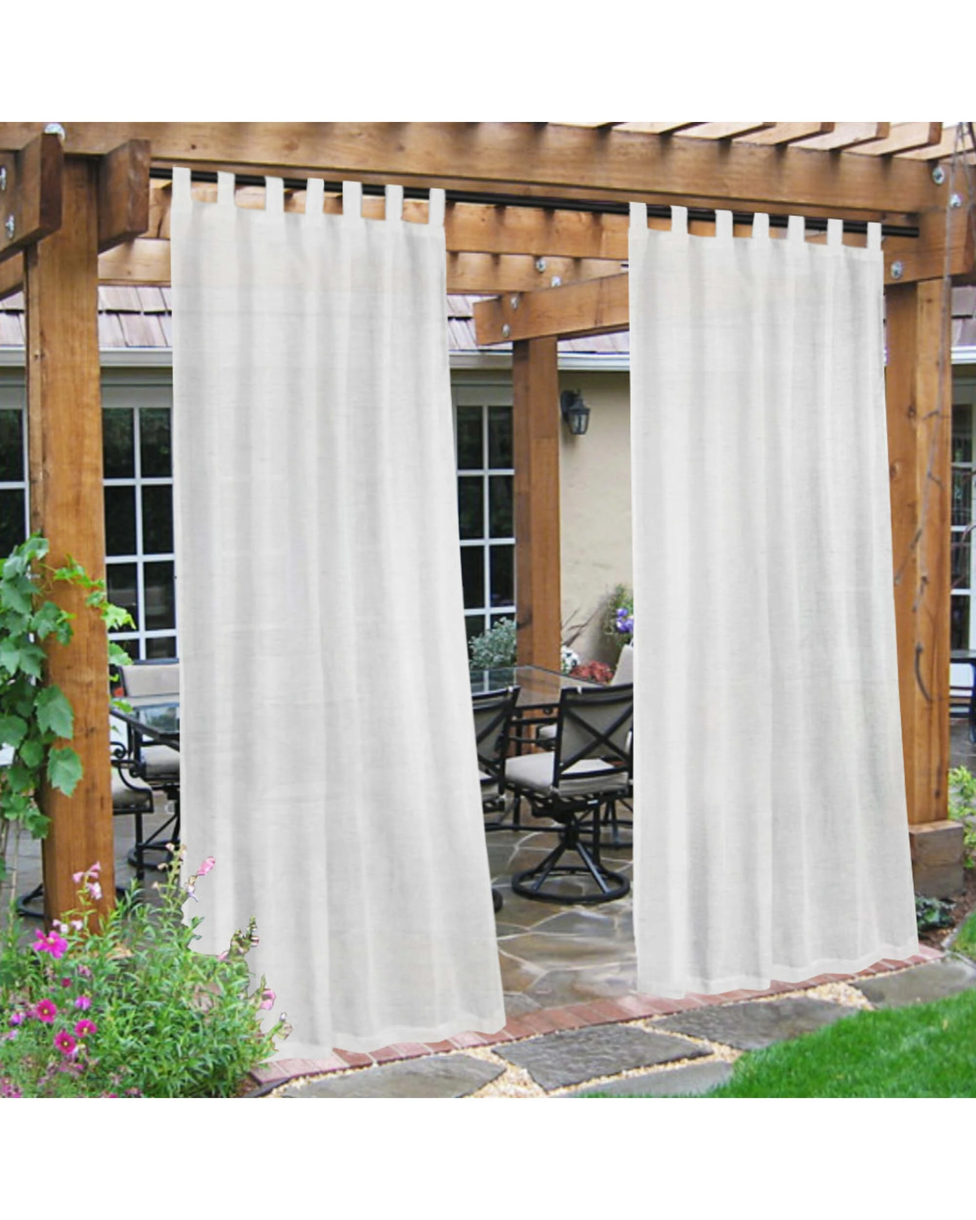 1 Smarcute Outdoor Linen Sheer Tab Top Curtain - 2X 132x241cm - White, 1 of 4