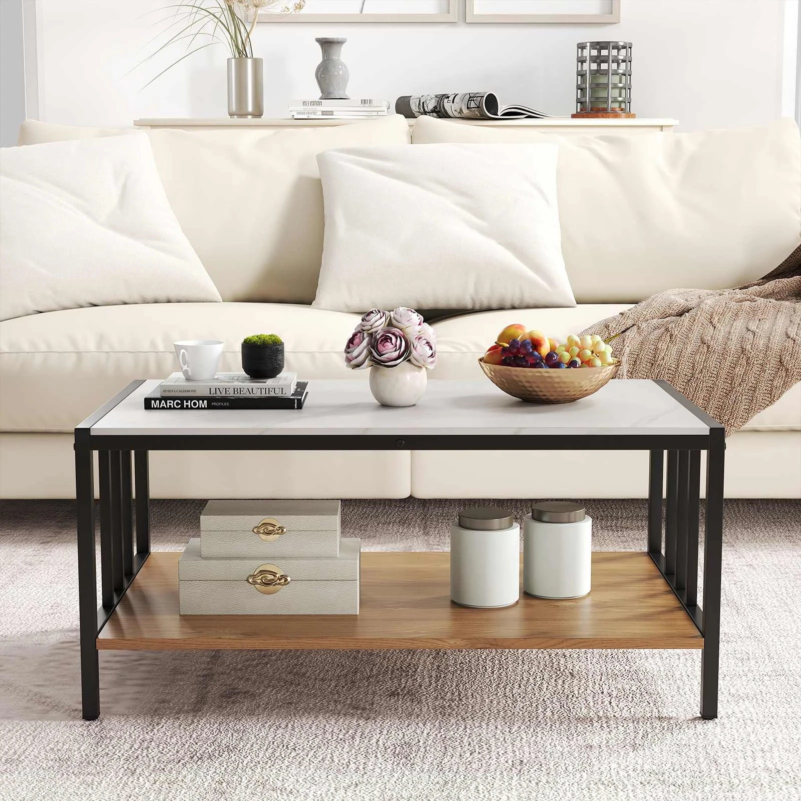 2 Costway 2-Tier Coffee Table Rectangular Center Table Faux Marble Accent Table, 2 of 4