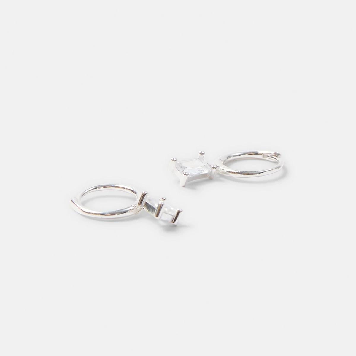 2 Sterling Silver Huggie Rectangle Stone Drop Earrings Silver, 2 of 4