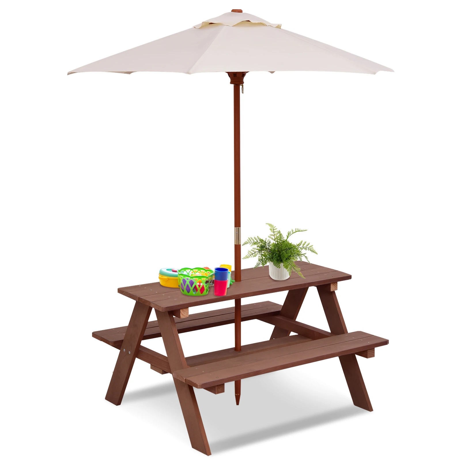 1 Costway  4-Seat Picnic Table & Chairs Outdoor Dining Table Set Folding Umbrella, 1 of 1