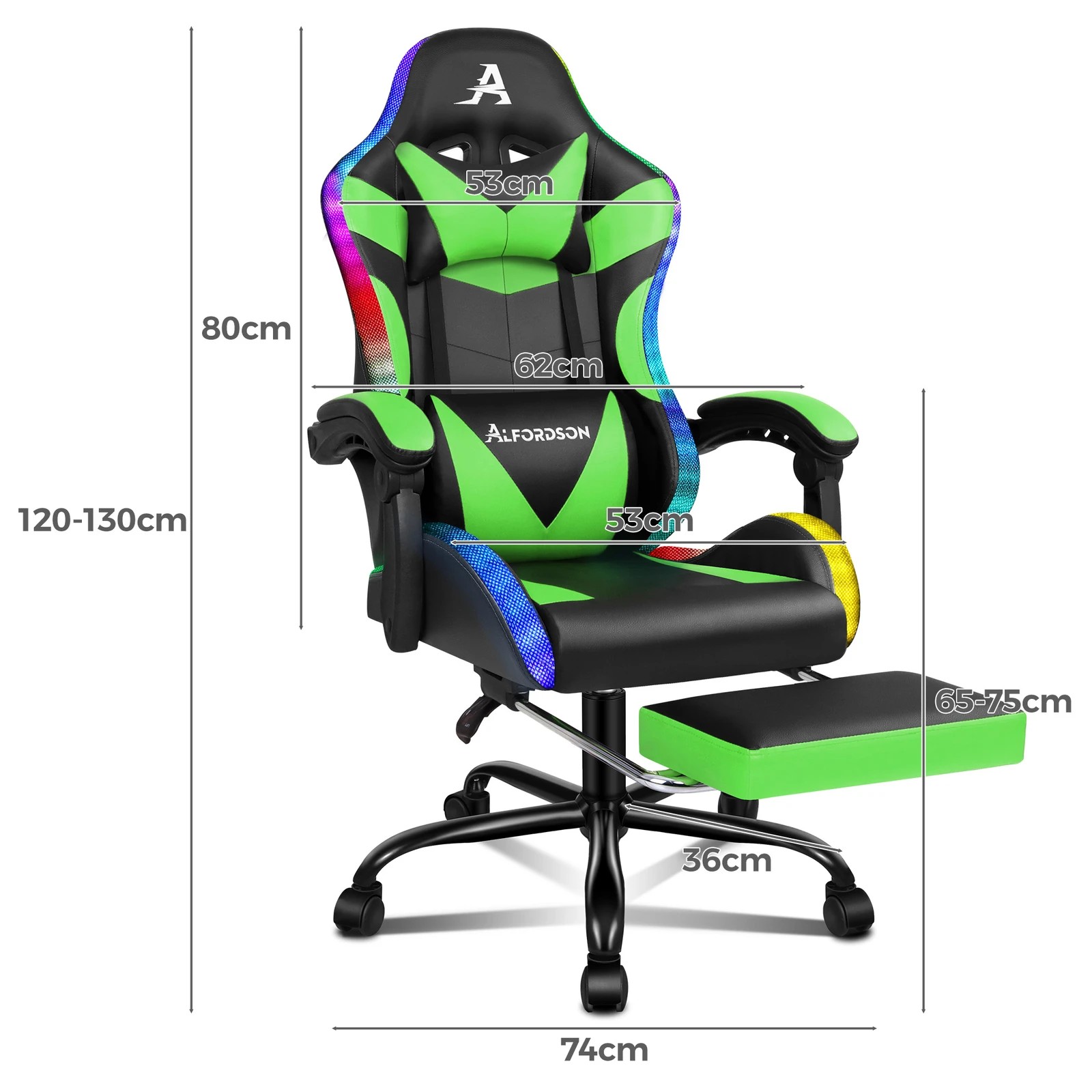 3 Alfordson Gaming Chair Office Massage 12 RGB LED Computer Seat PU Leather - Green, 3 of 10