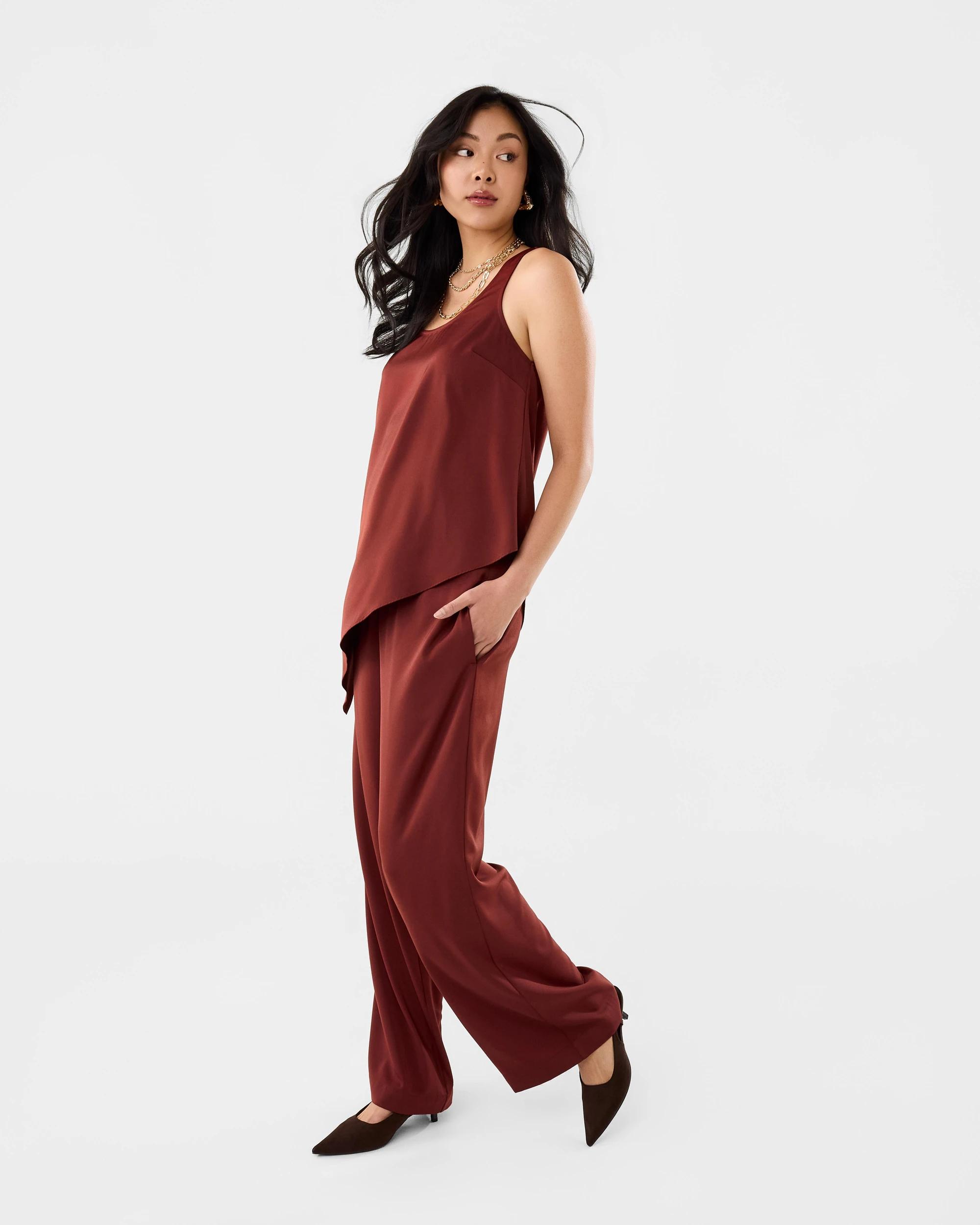 3 Sleeveless Asymmetrical Satin Scoop Tank Burnt Rust, 3 of 8