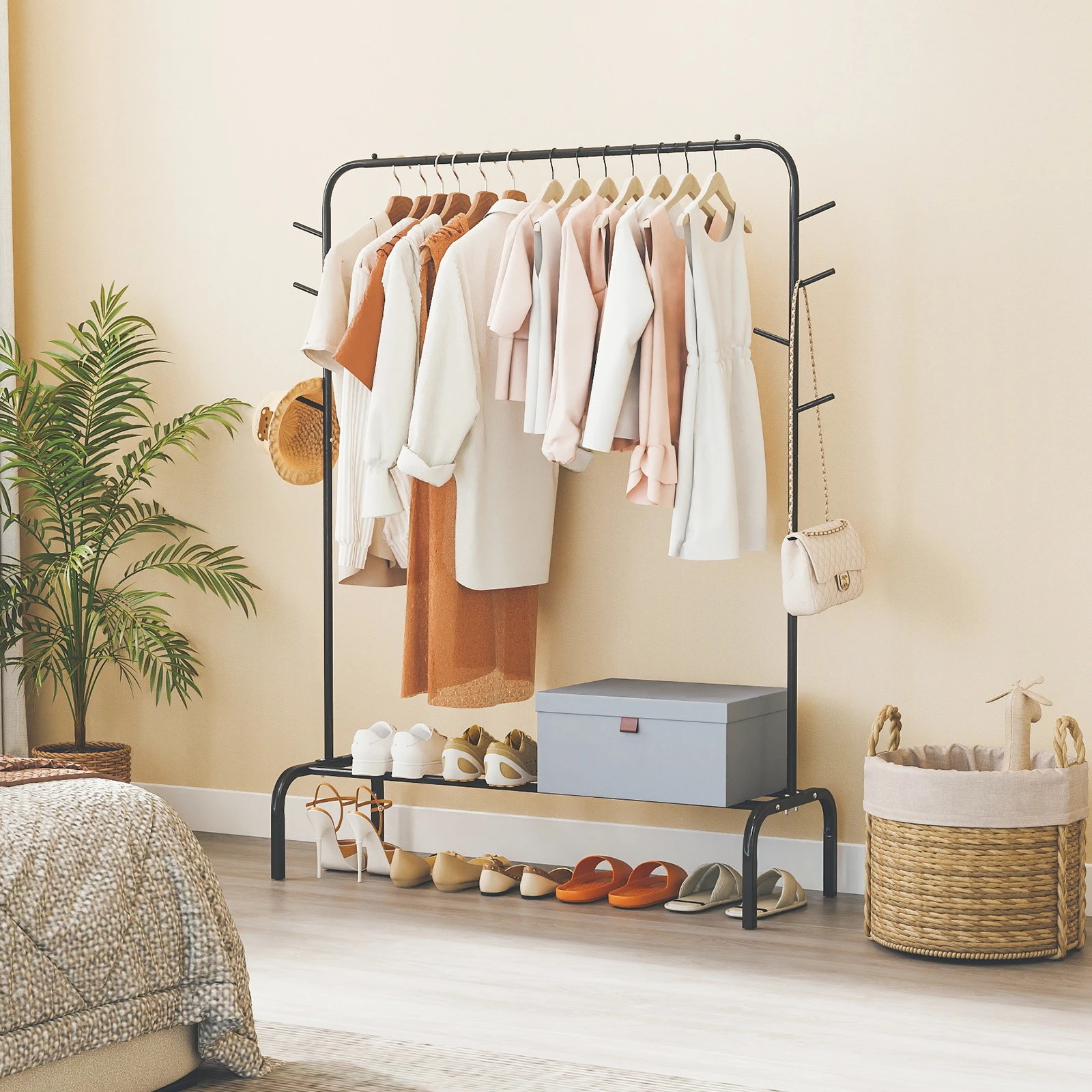 3 Costway 1.5M Metal Clothes Rack w/8 Hooks & Storage Shelf Heavy Duty Garment Wardrobe Rack - Black, 3 of 5