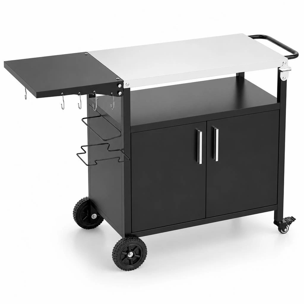 1 Costway Outdoor BBQ Grill Cart 84cm Kitchen Island Trolley Folding Stainless Food Prep Cabinet - Black, 1 of 7