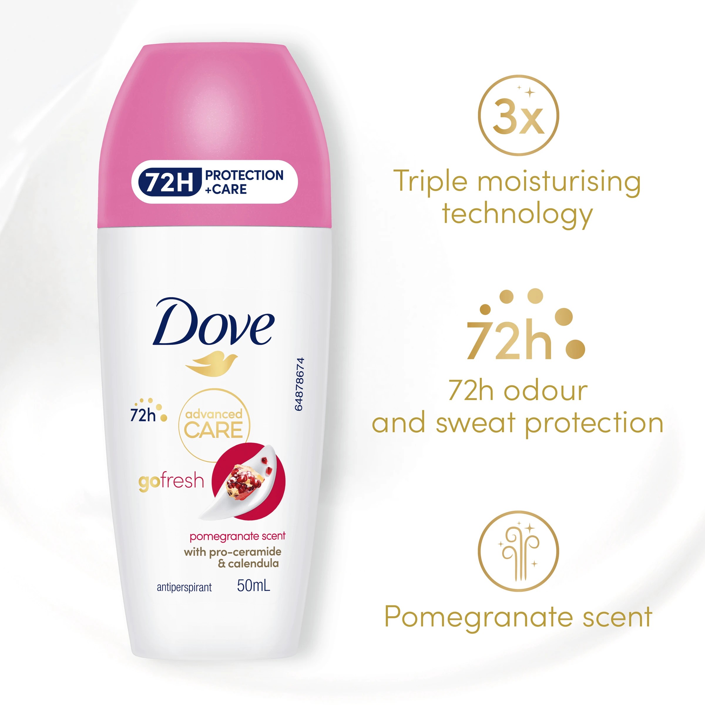 6 Dove Advanced Care Go Fresh Antiperspirant Deodorant Roll-On 50ml - Pro-Ceramide and Calendula, Pomegranate Scent, 6 of 7