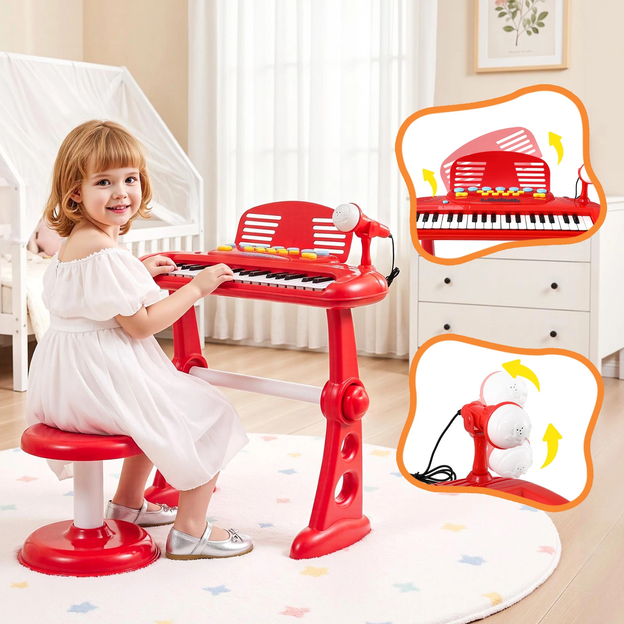7 Keezi Kids Piano Keyboard 37 Keys Electronic Musical Instrument Set w/ Stool Microphone - Red, 7 of 9