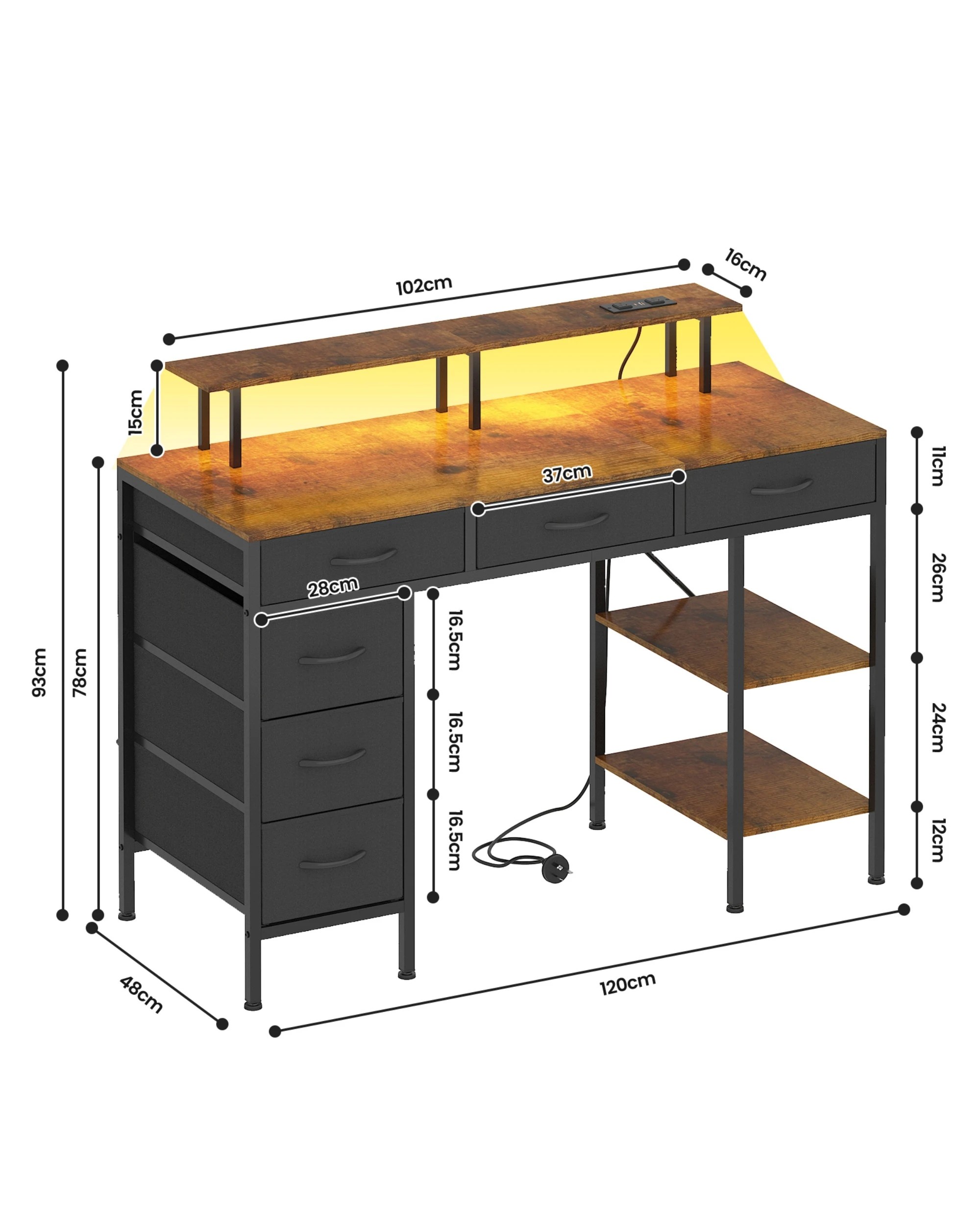 3 Advwin Gaming Desk with LED Lights & Power Outlets, 120cm Computer Desk with 6 Fabric Drawers, 3 of 9