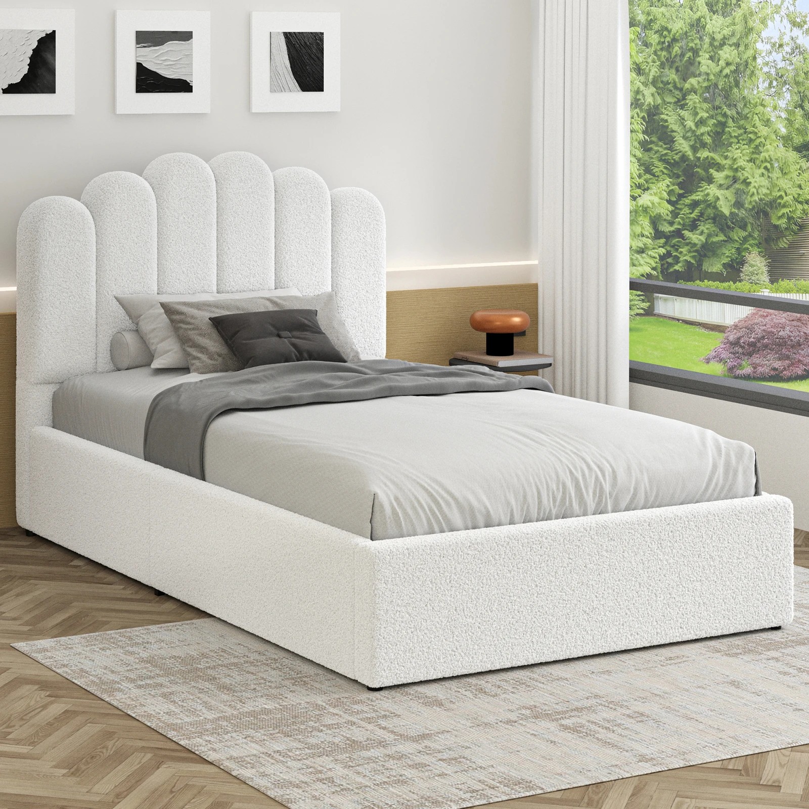 2 Alfordson Bed Frame Single Size Gas Lift Storage Base Wooden Boucle Milton - White, 2 of 10