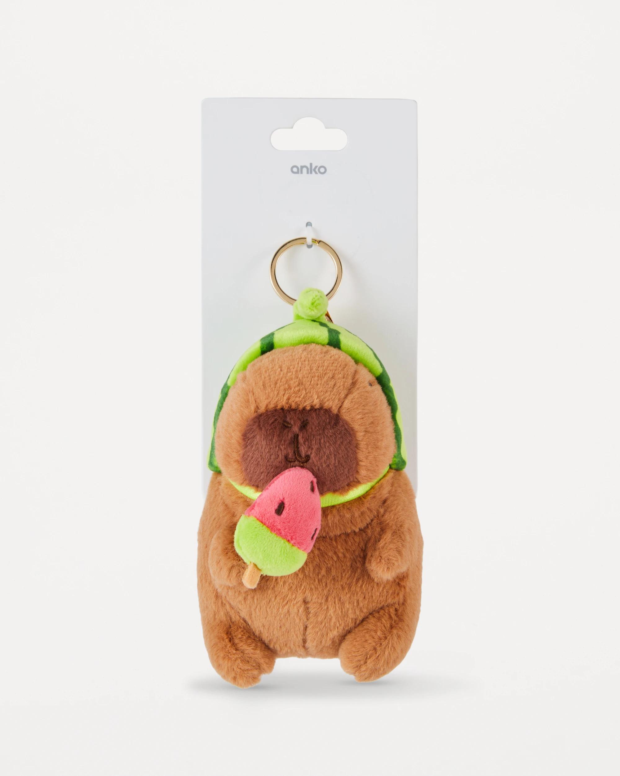 5 Capybara Watermelon Charm Keyring - Brown and Gold Tone Brown, 5 of 5