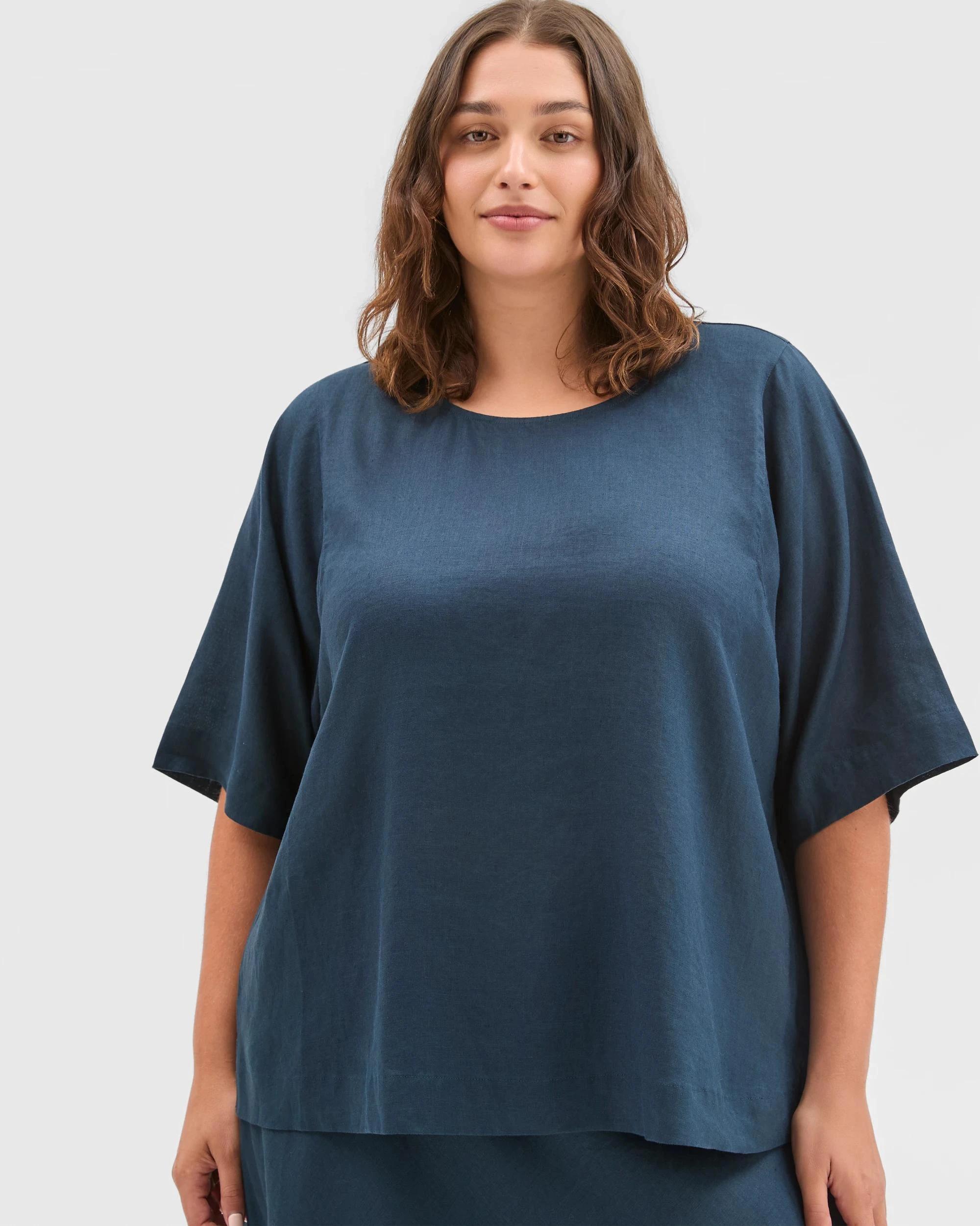 3 Target Curve Plus Size European Linen Short Sleeve Seam Detail Top SODALITE, 3 of 7
