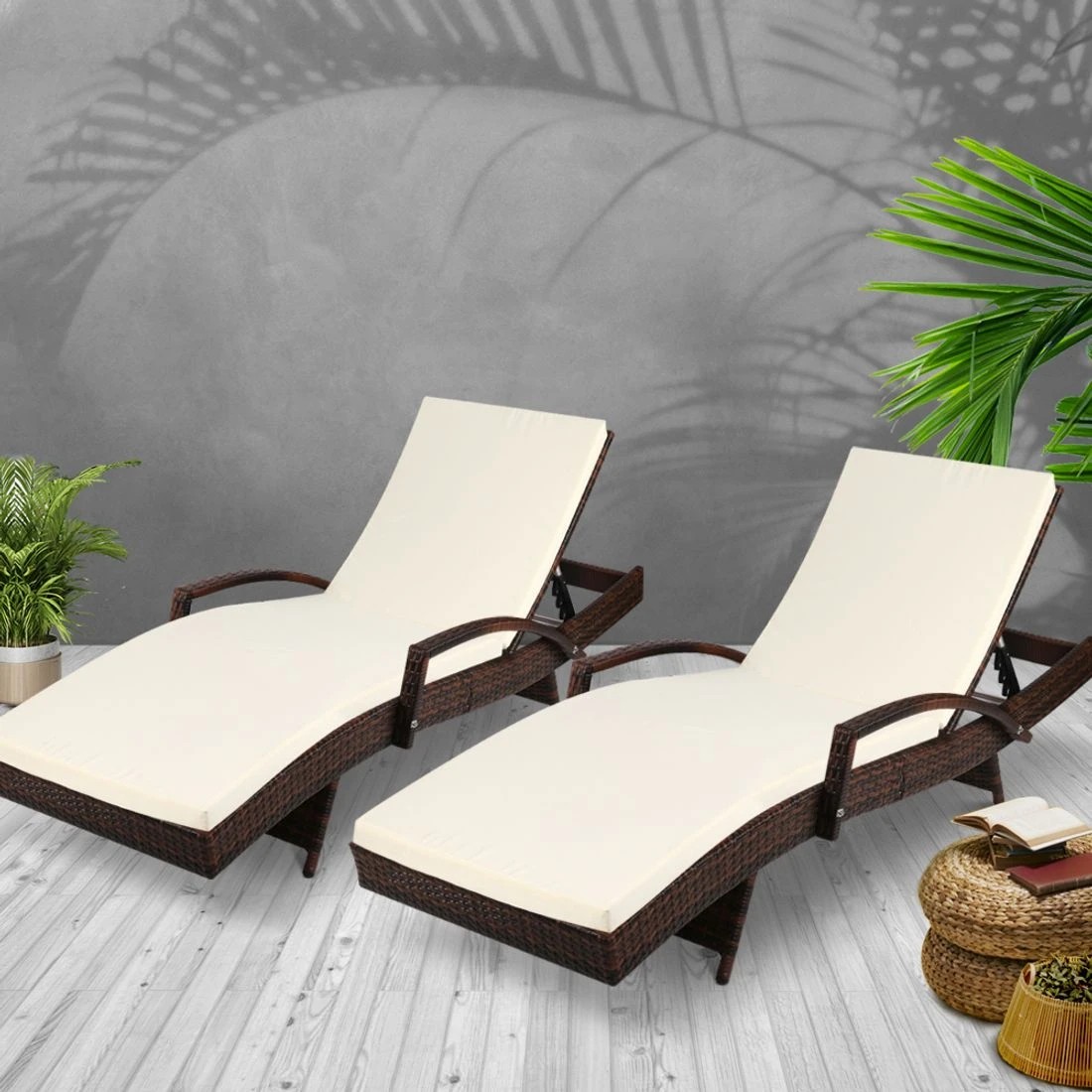 8 Gardeon 2PC Sun Lounge Wicker Lounger Outdoor Furniture Beach Chair Patio Adju Cushion - Brown, 8 of 8