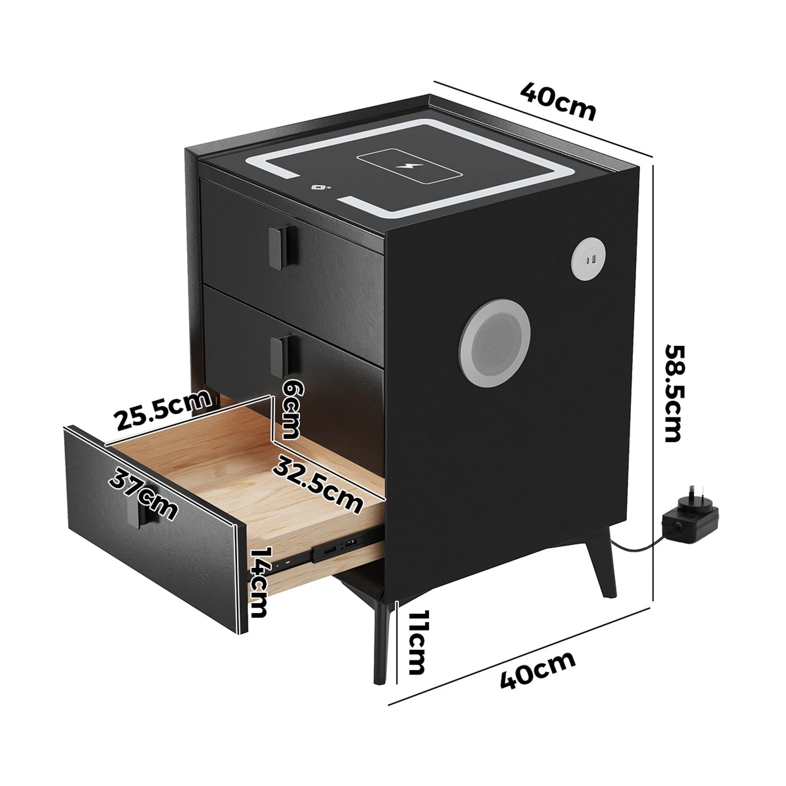 2 Oikiture Set of 2 Smart Bedside Tables Wireless Charging LED Lights 3 Drawers - Black, 2 of 7