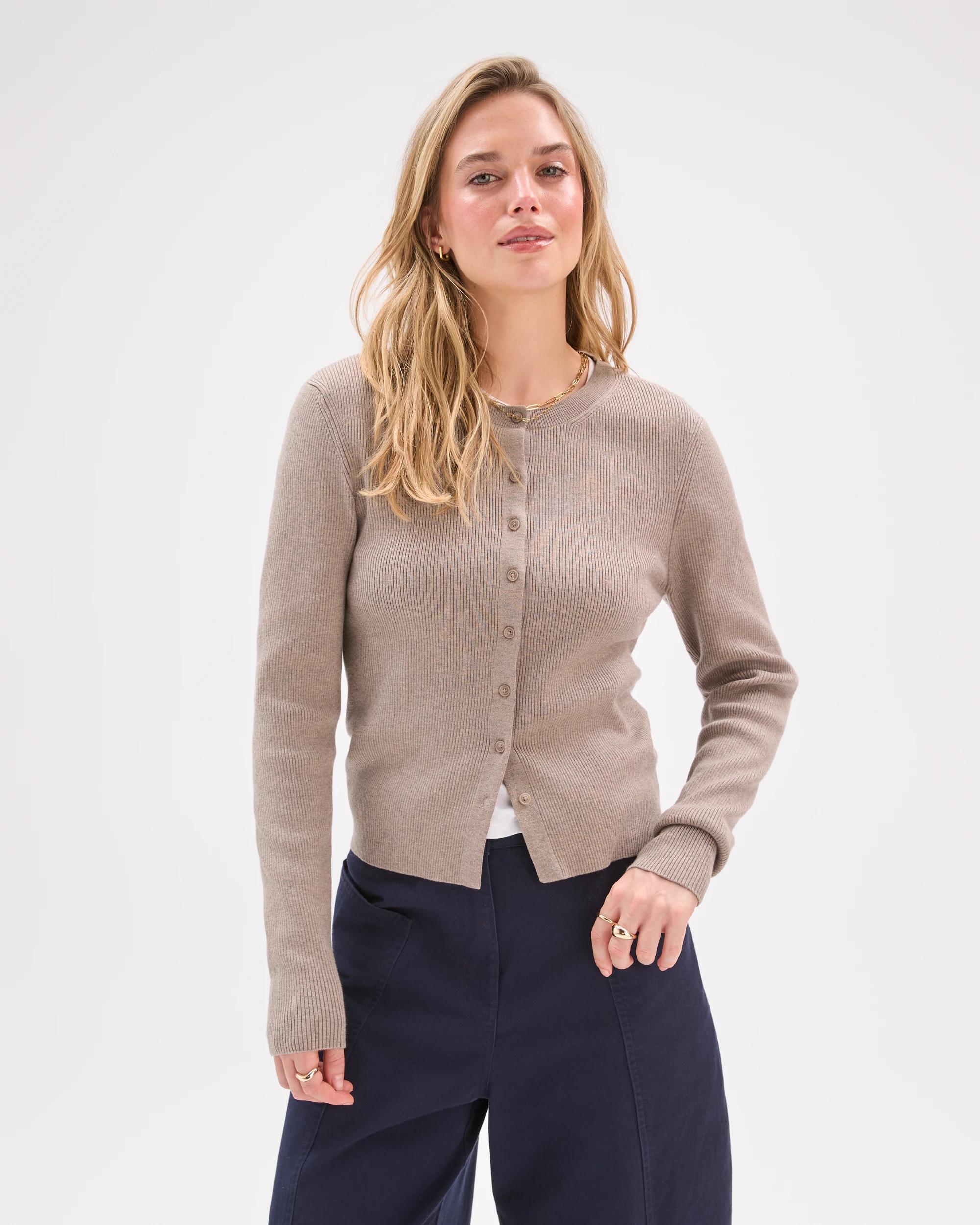 1 Lily Loves Crew Neck Cardigan TAUPE MARLE, 1 of 7