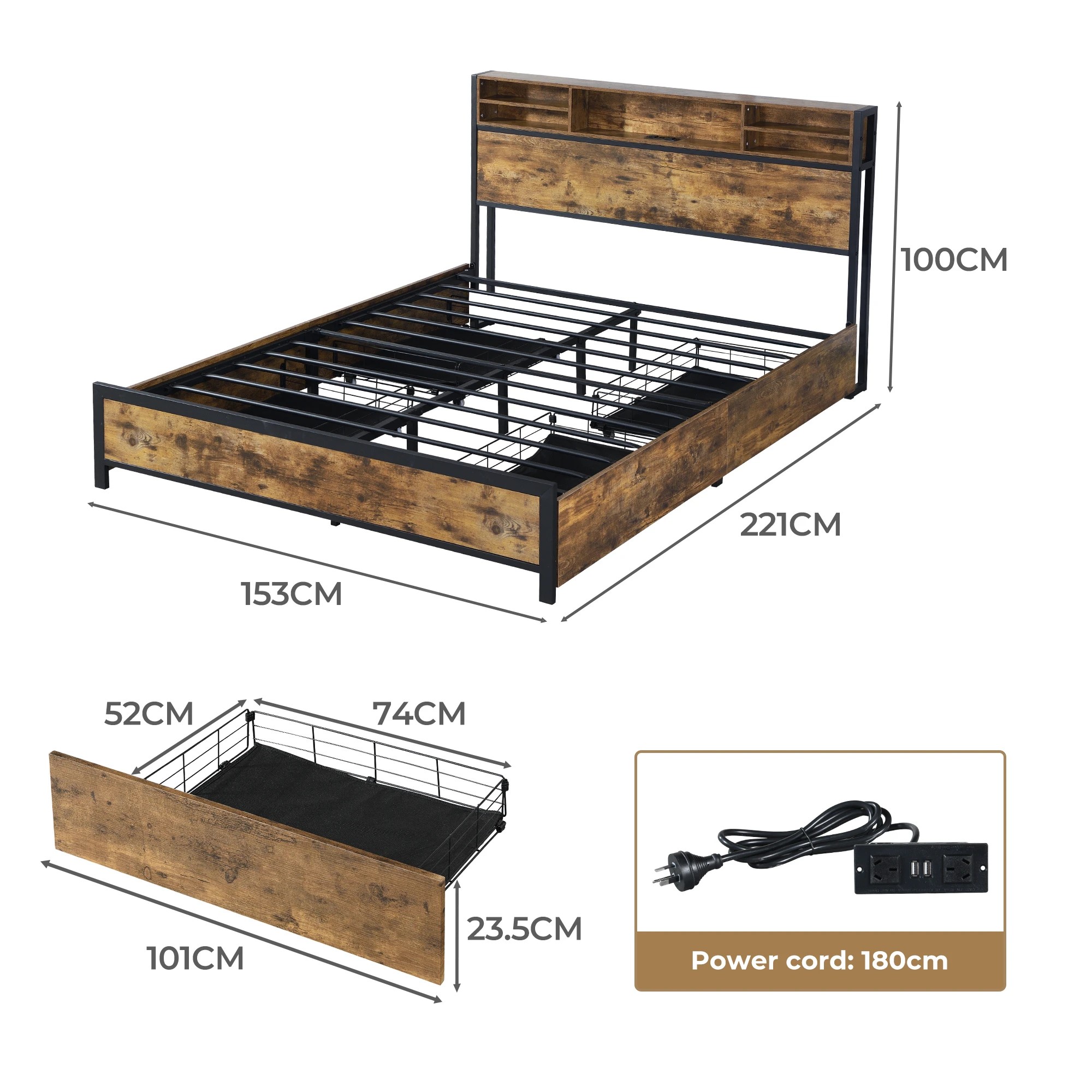 3 Levede Q Size Bed Frame Industrial with LED and Charging Station, 3 of 9