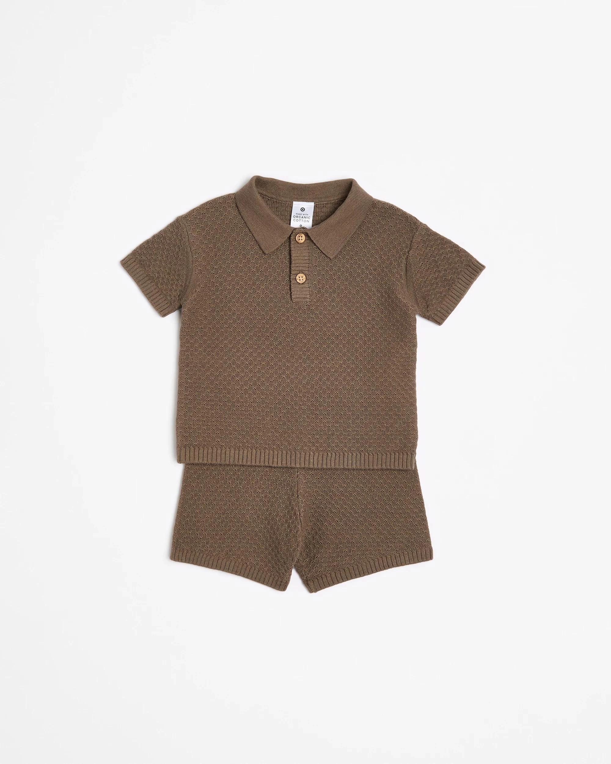2 Target Baby Baby Boys Organic Cotton Knit Polo & Short 2 Piece Set CHOC CHIP BROWN, 2 of 4