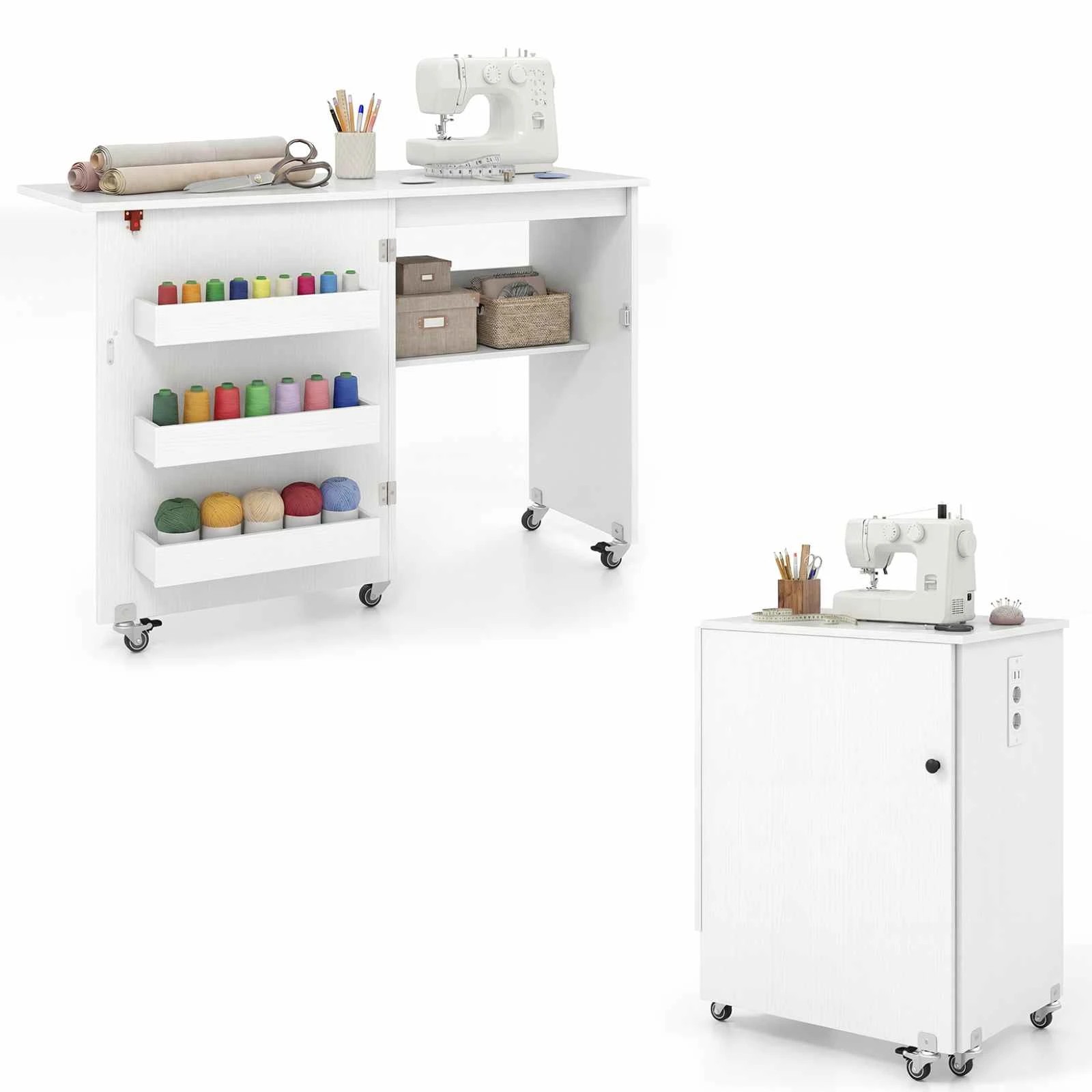 5 Costway Folding Sewing Table Rolling Craft Station w/Storage Cabinet - White, 5 of 5