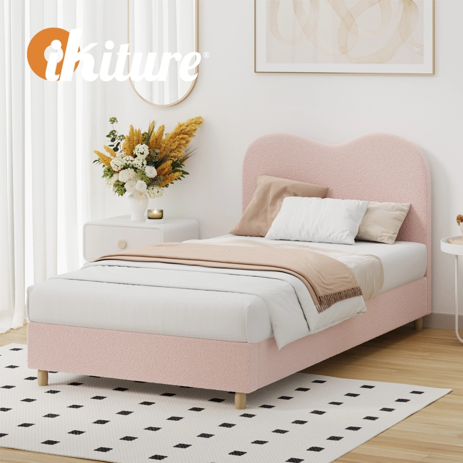 7 Oikiture Bed Frame King Single Size Boucle Cloud Shape Headboard - Pink, 7 of 9