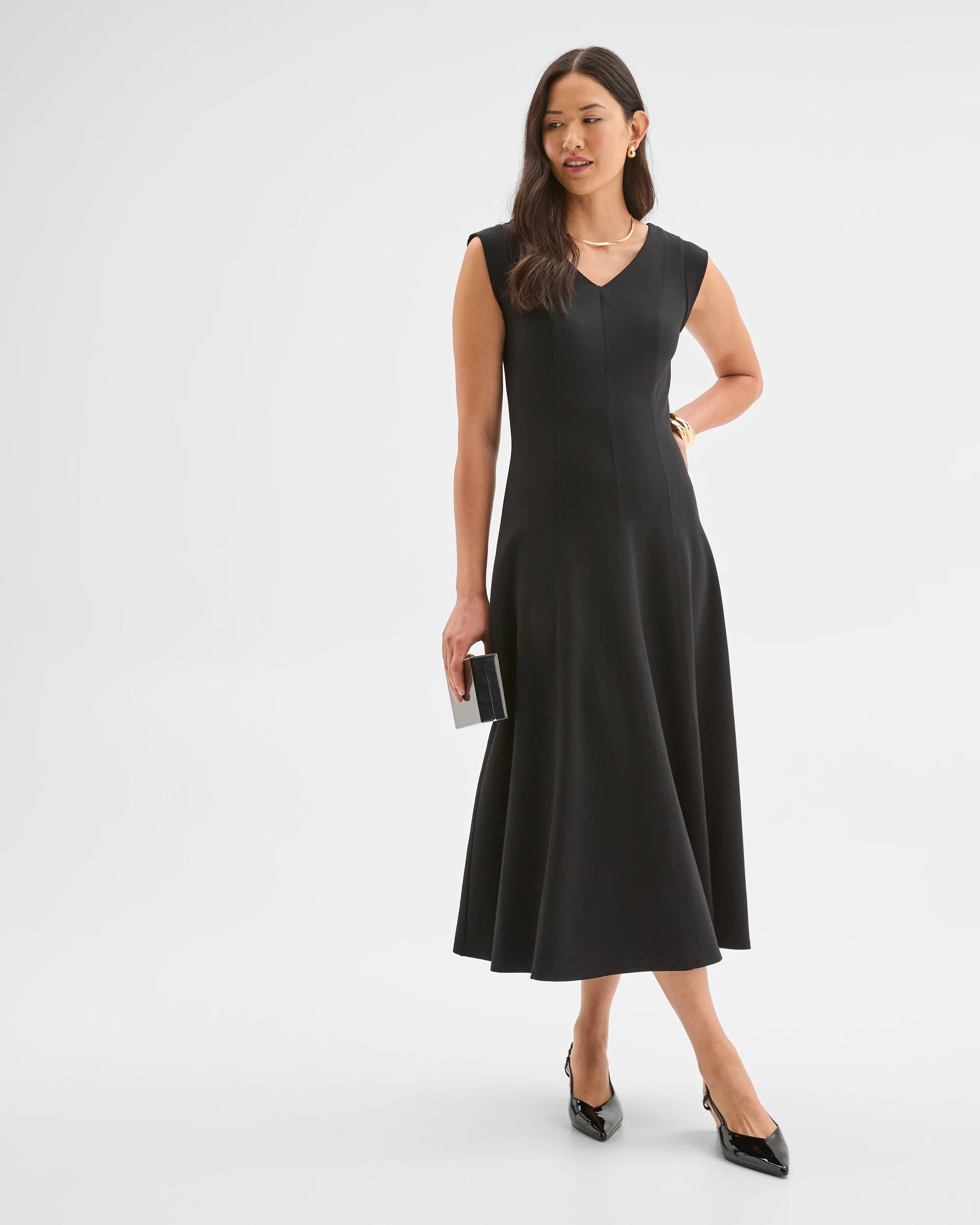 4 Preview Ponte Sleeveless Seamed A-Line Midi Dress BLACK, 4 of 8