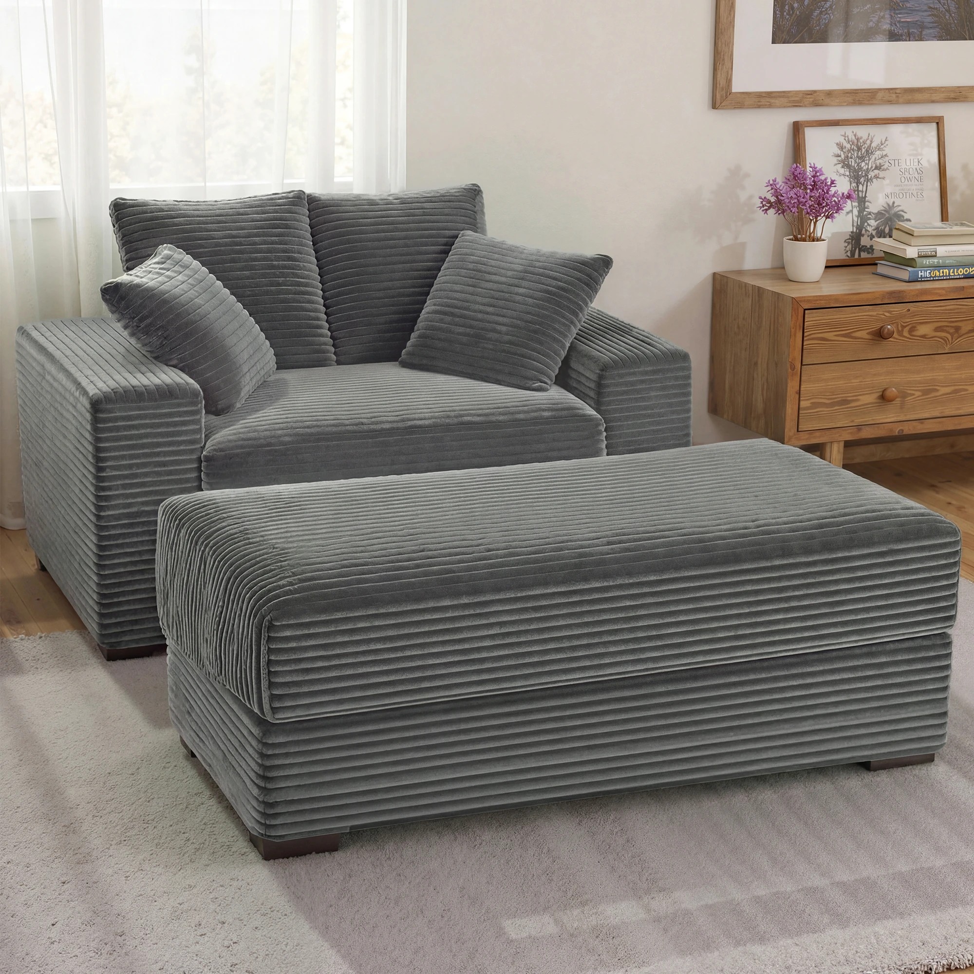 5 Advwin 146cm Chaise Lounge Chair with Storage Ottoman Fluffy Upholstered Sofa Bed - Grey, 5 of 10
