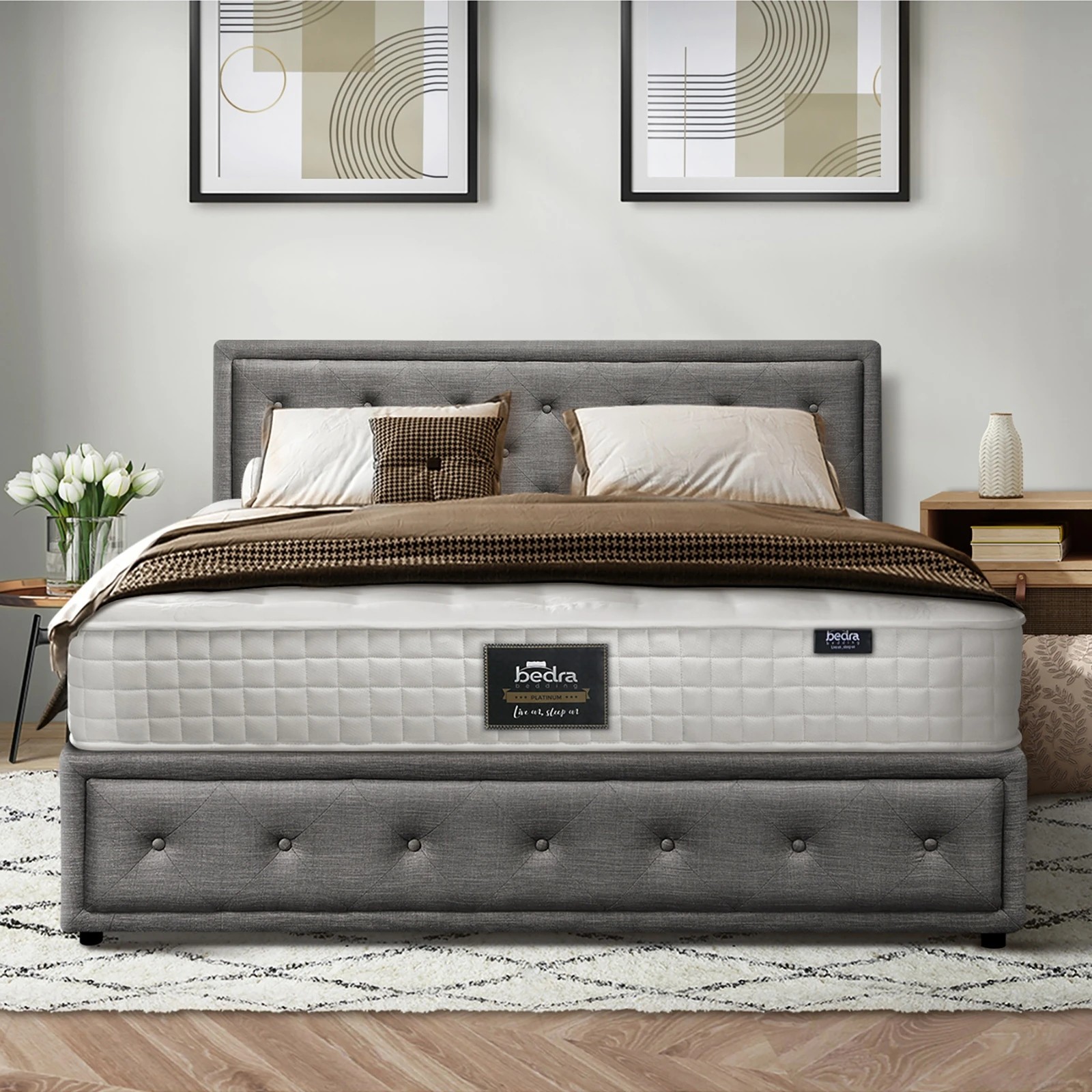 4 Oikiture King Bed Gas Lift Storage Base With Mattress Set
 - Grey, 4 of 10