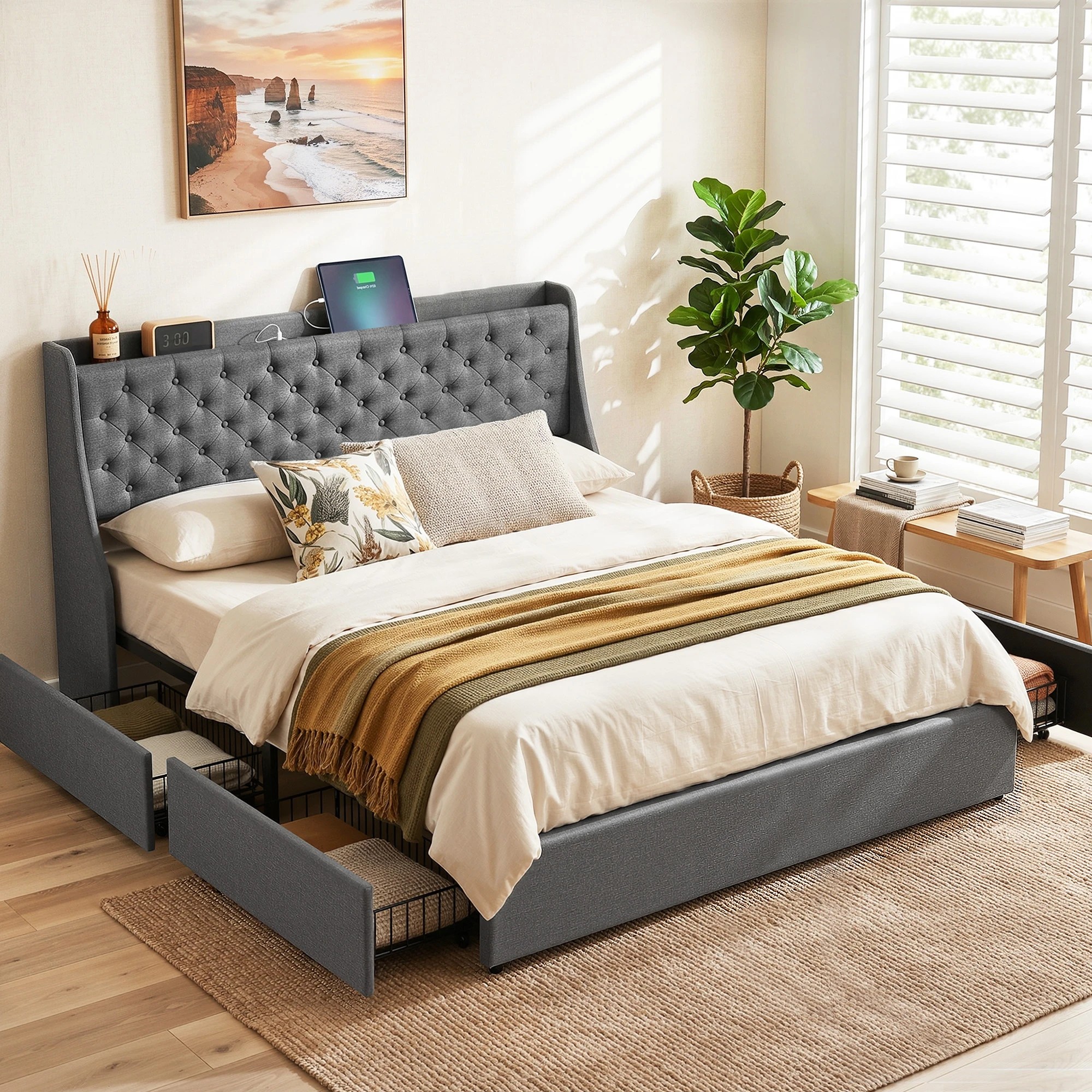 10 Artiss King Bed Frame with 4 Storage Drawers Charging Station Tufted Wingback Headboard 300kg Loads - Charcoal, 10 of 10