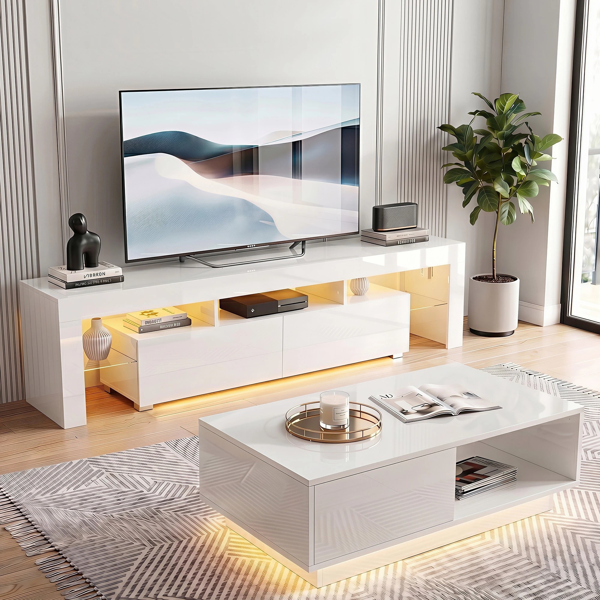 9 Artiss LED TV Unit & Coffee Table Set Storage Cabinet - White, 9 of 10