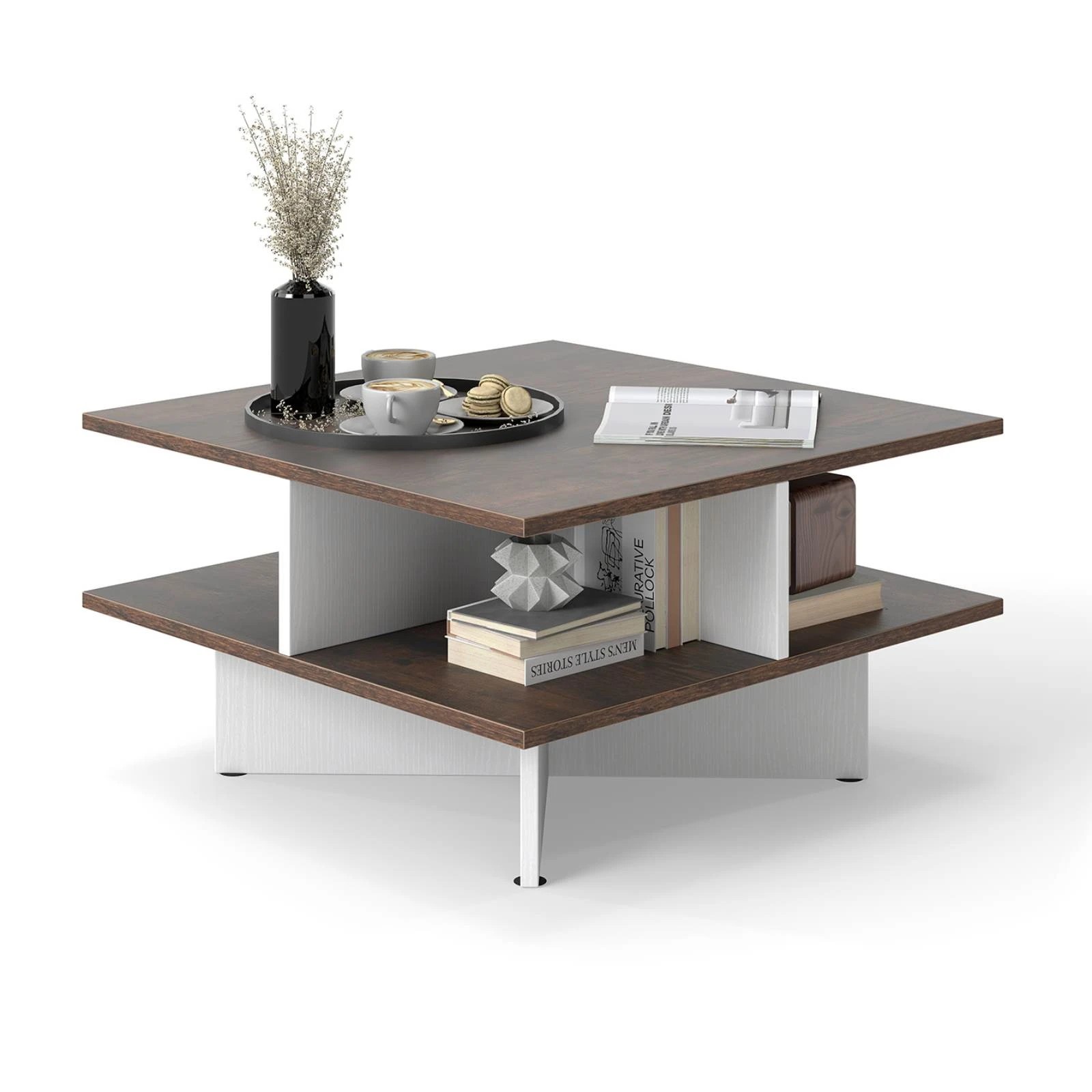 5 Costway 2-Tier Square Coffee Table Center Table Farmhouse Accent Table w/Storage Shelf, 5 of 5