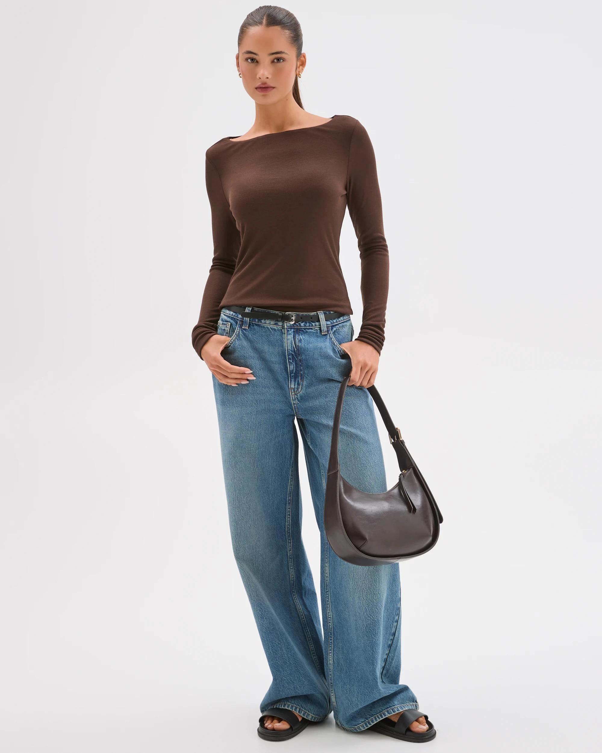 3 Lily Loves Double Layer Boat Neck Long Sleeve Top BROWN, 3 of 7