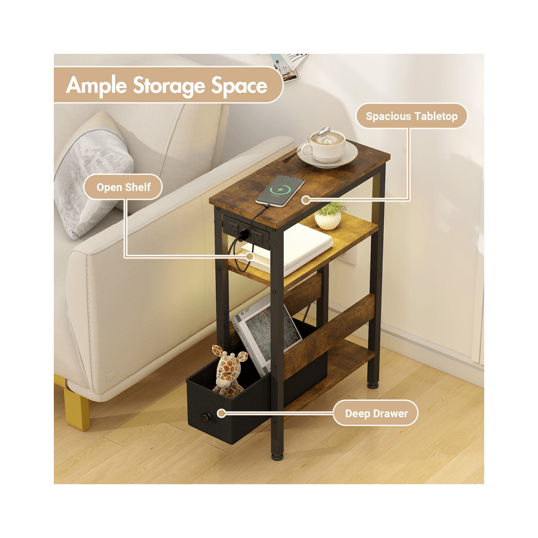 7 Advwin Led Side Table W/ Charging Station Narrow Bedside Table W/ Open Drawer & Open Shelf Walnut, 7 of 8