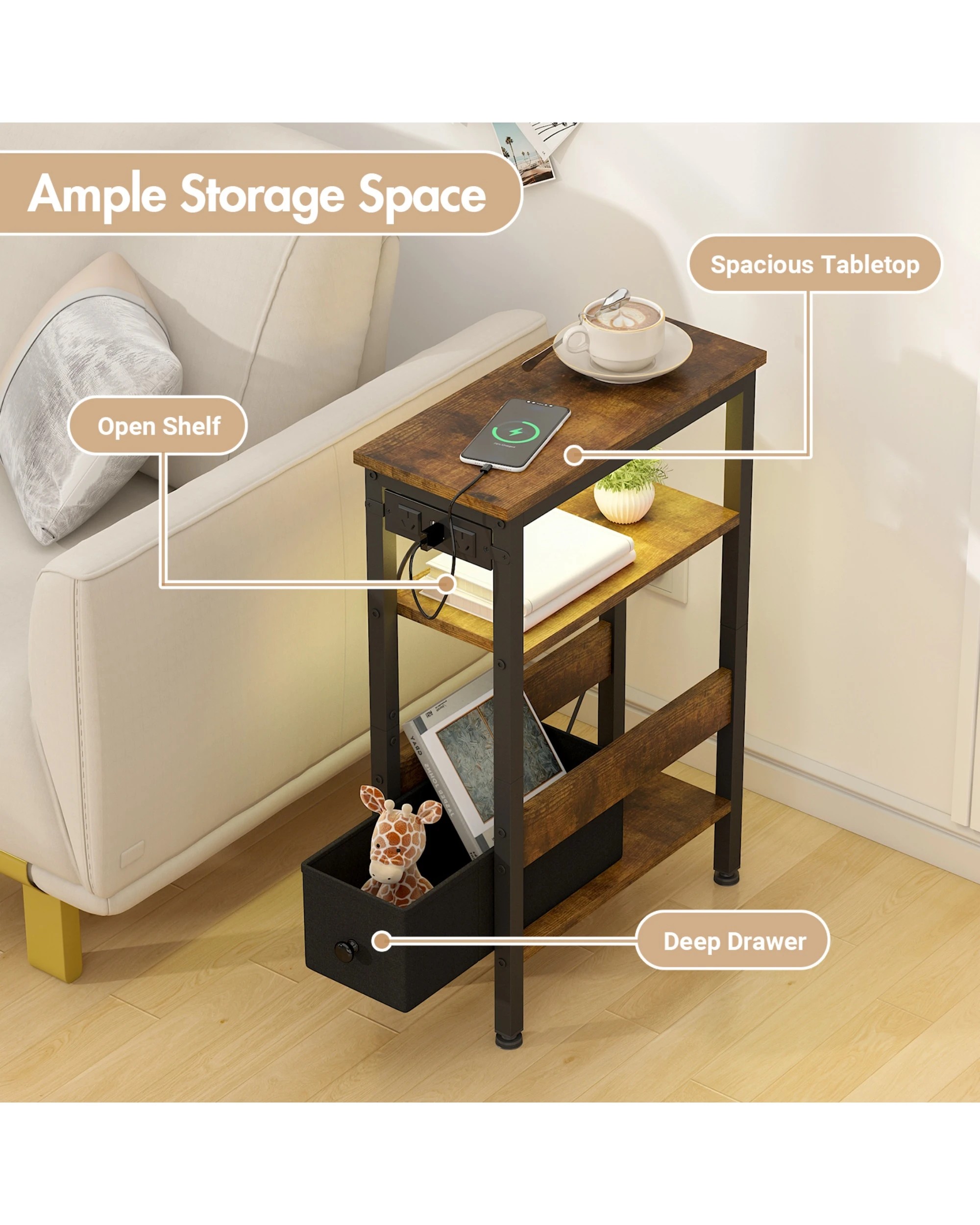 3 Advwin Led Side Table W/ Charging Station Drawer & Open Shelf Walnut, 3 of 4