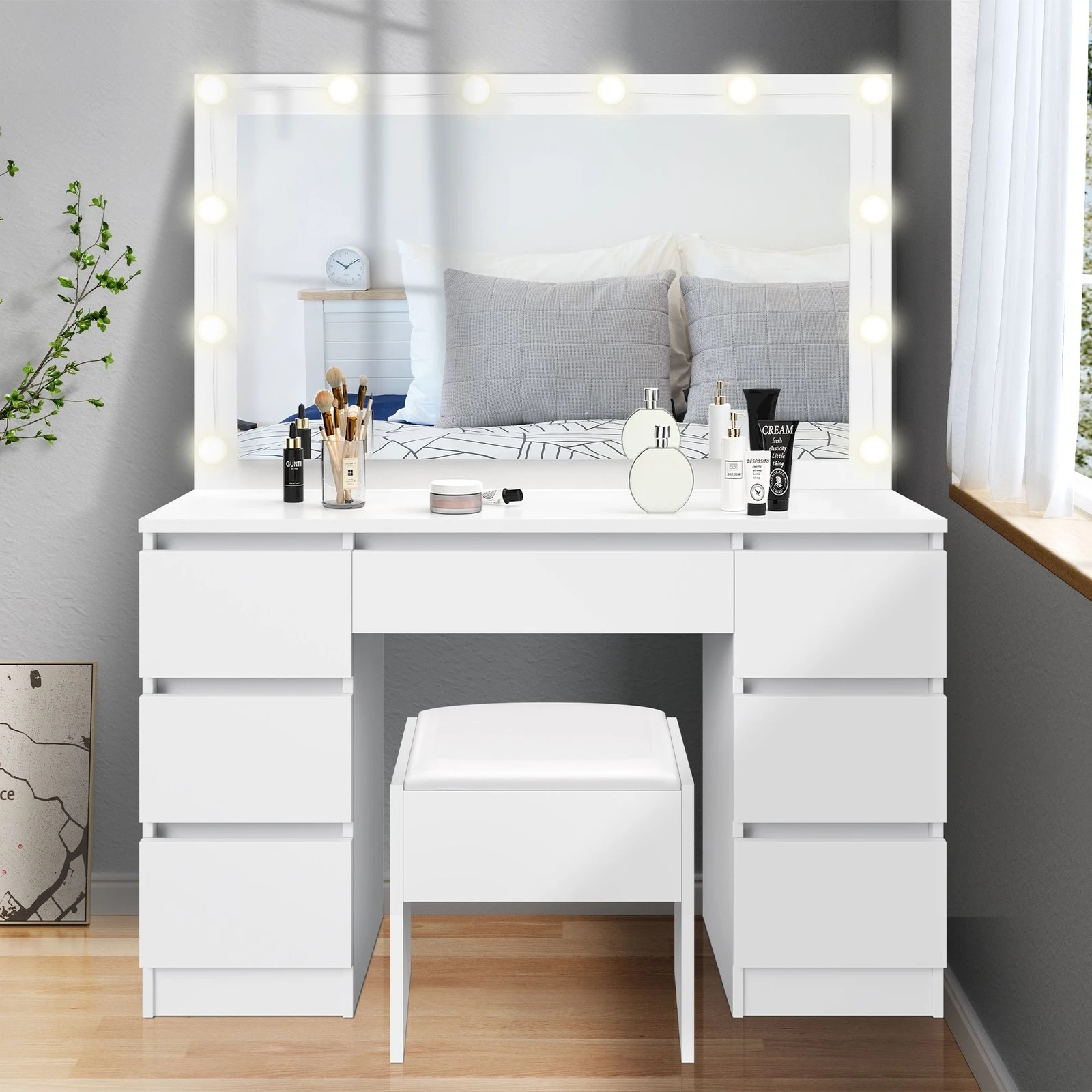5 Alfordson Dressing Table Stool Set Makeup Mirror Desk LED 12 Bulbs - White, 5 of 10