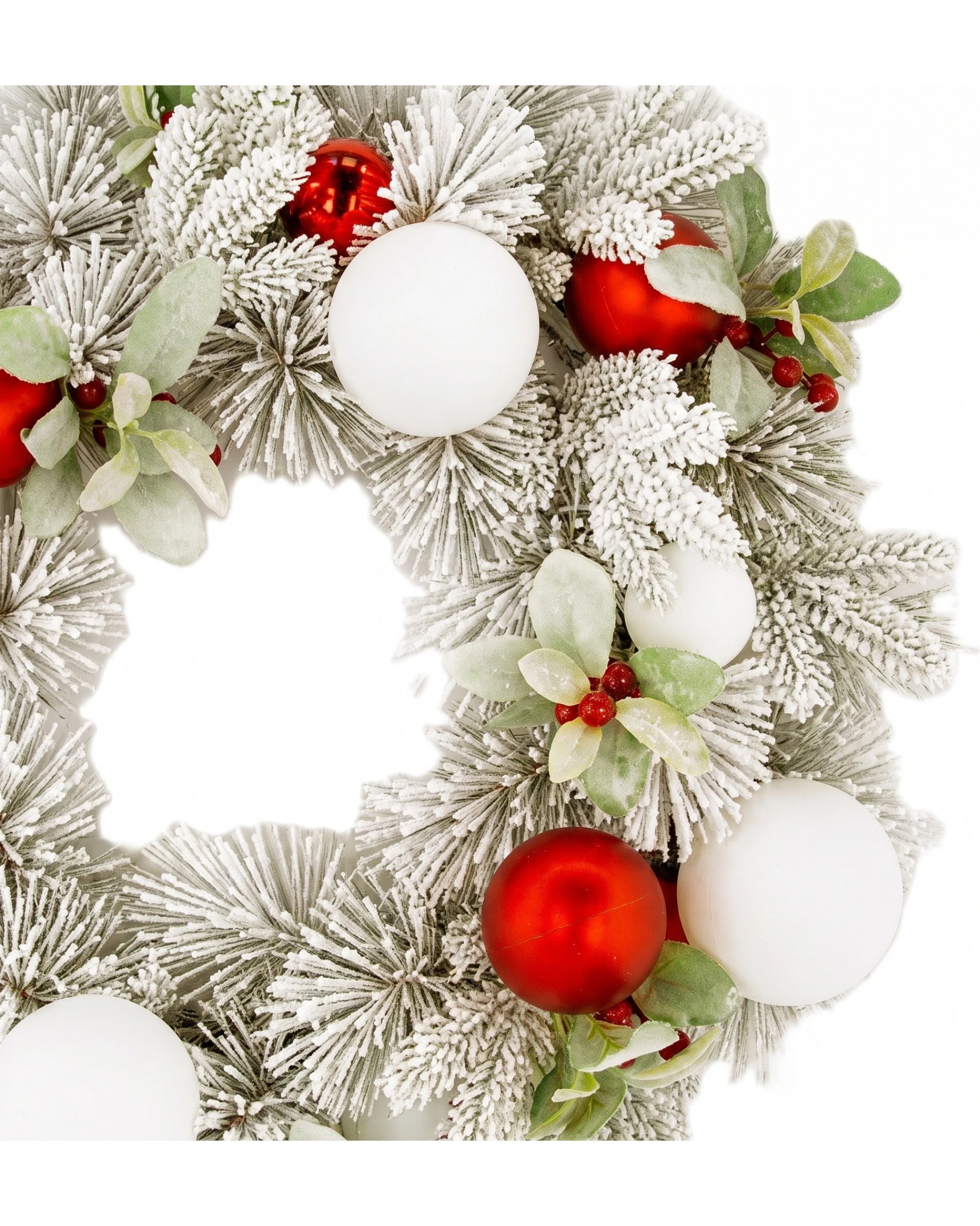 9 Christabelle 61cm Snowy Elegance Pre-Lit Christmas Wreath - Warm White LEDs, Red & White Baubles - White, 9 of 10