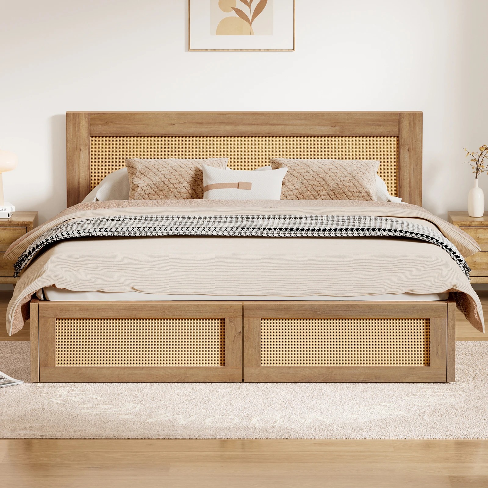 4 Alfordson Wooden Bed Frame Double Size Rattan Bed Base with Storage Drawers - Oak, 4 of 10