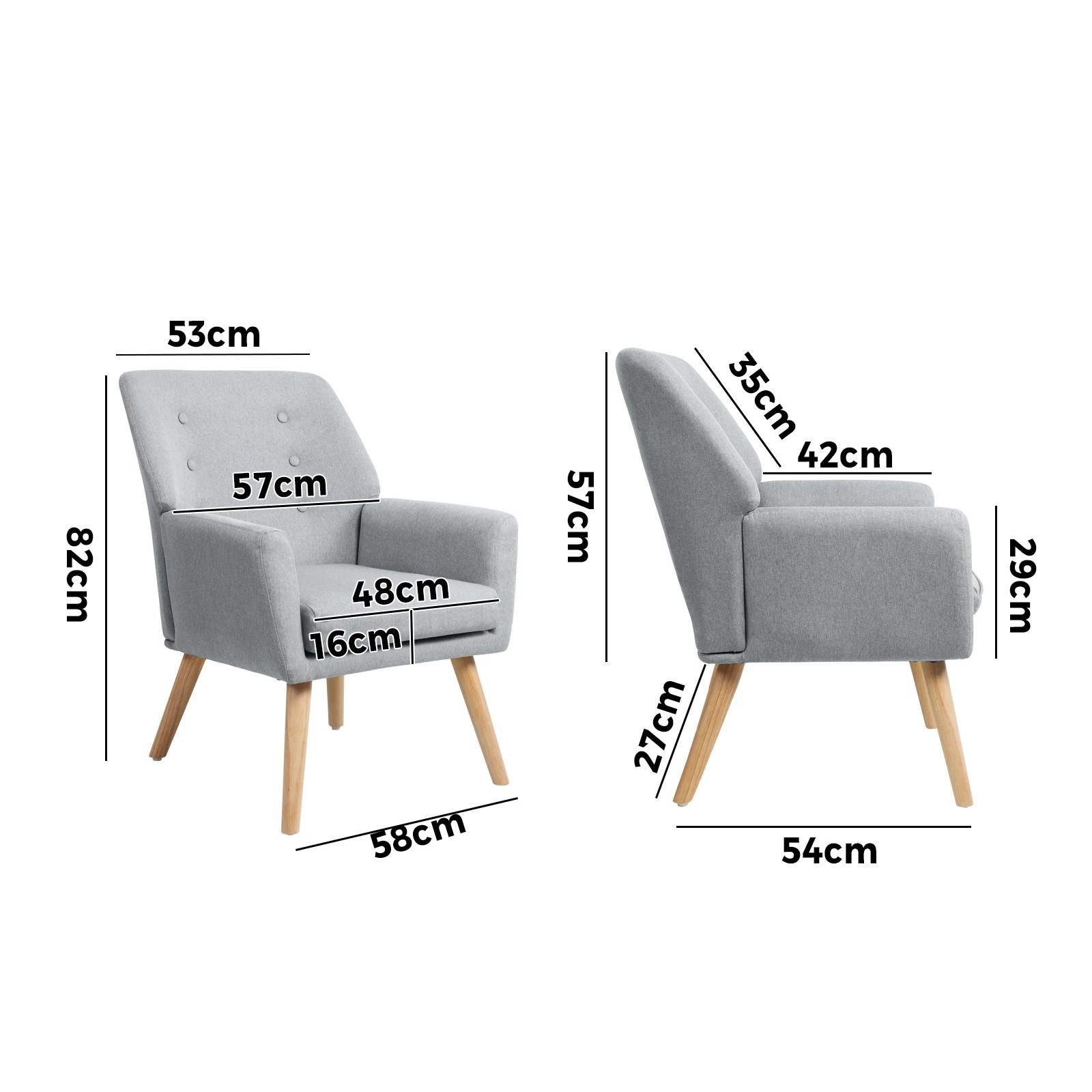 2 Oikiture 2x Armchair Lounge Chair Linen Accent Armchairs Tub Chairs Sofa - Grey, 2 of 10
