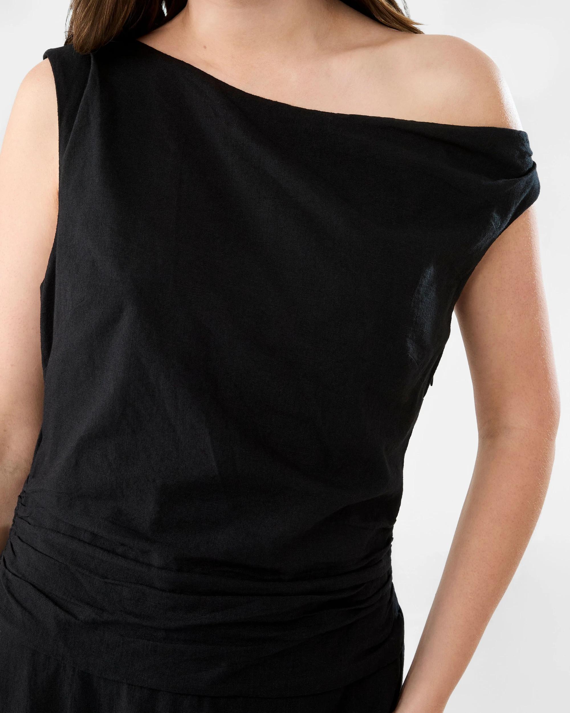 5 Sleeveless Asymmetrical Off Shoulder Midi Dress Black, 5 of 5