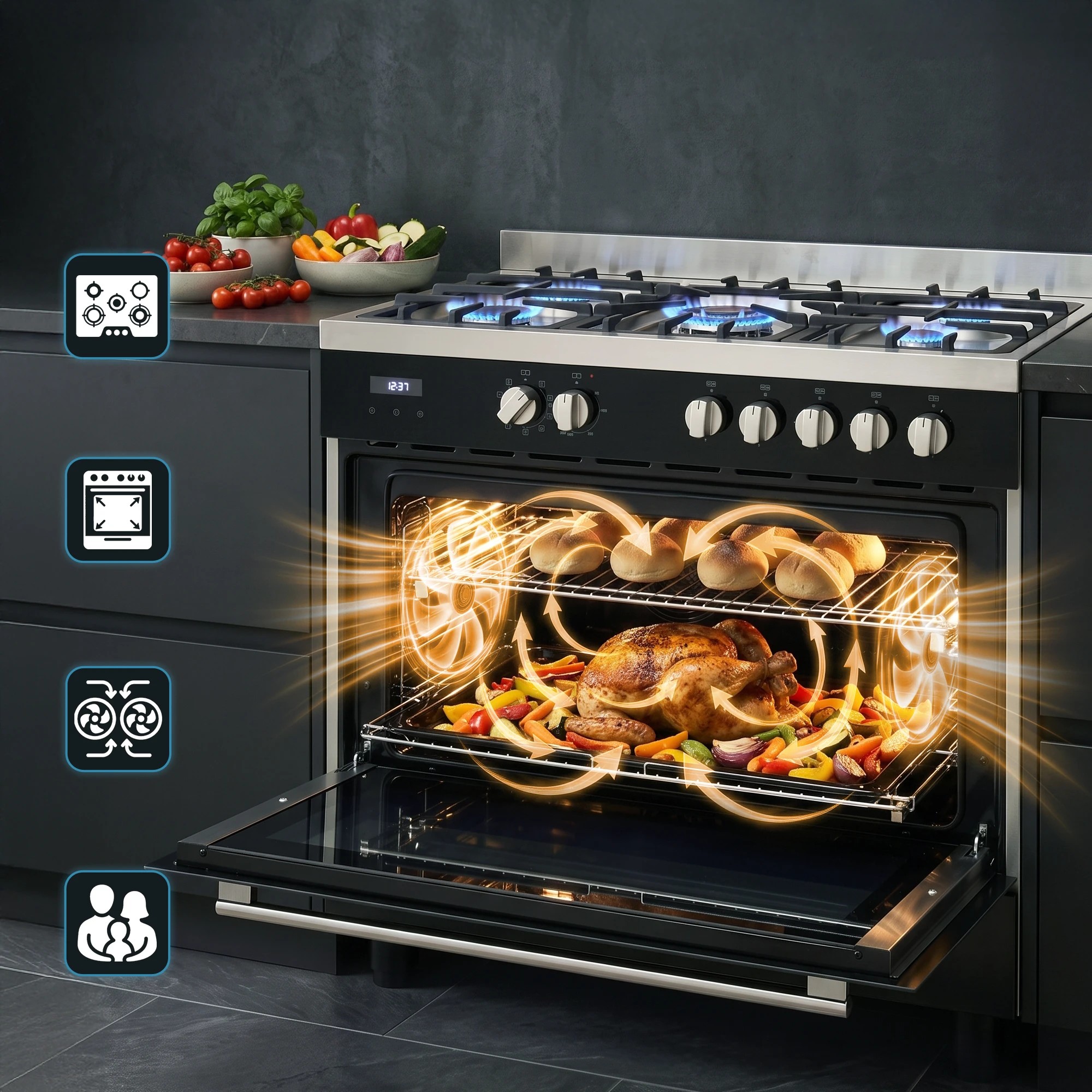 6 Devanti 90cm Dual Fuel Oven Cooker Gas Cooktop Electric Oven - Black, 6 of 9