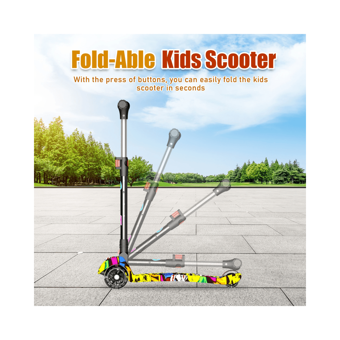 5 Advwin Foldable Kids Scooter w/ Music Light Up 3 Wheels Graffiti, 5 of 10