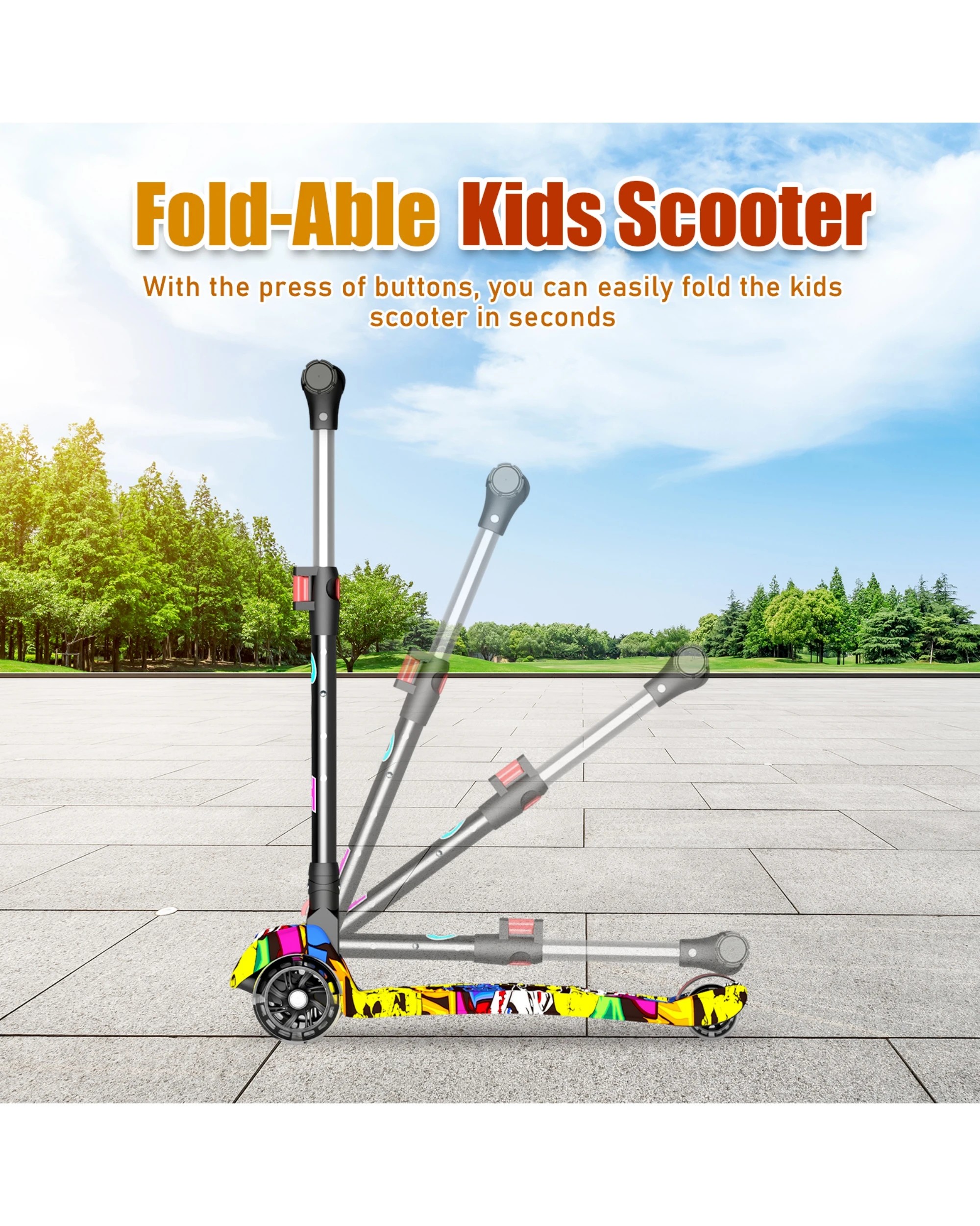 5 Advwin Foldable Kids Scooter w/ Music Light Up 3 Wheels Graffiti, 5 of 10