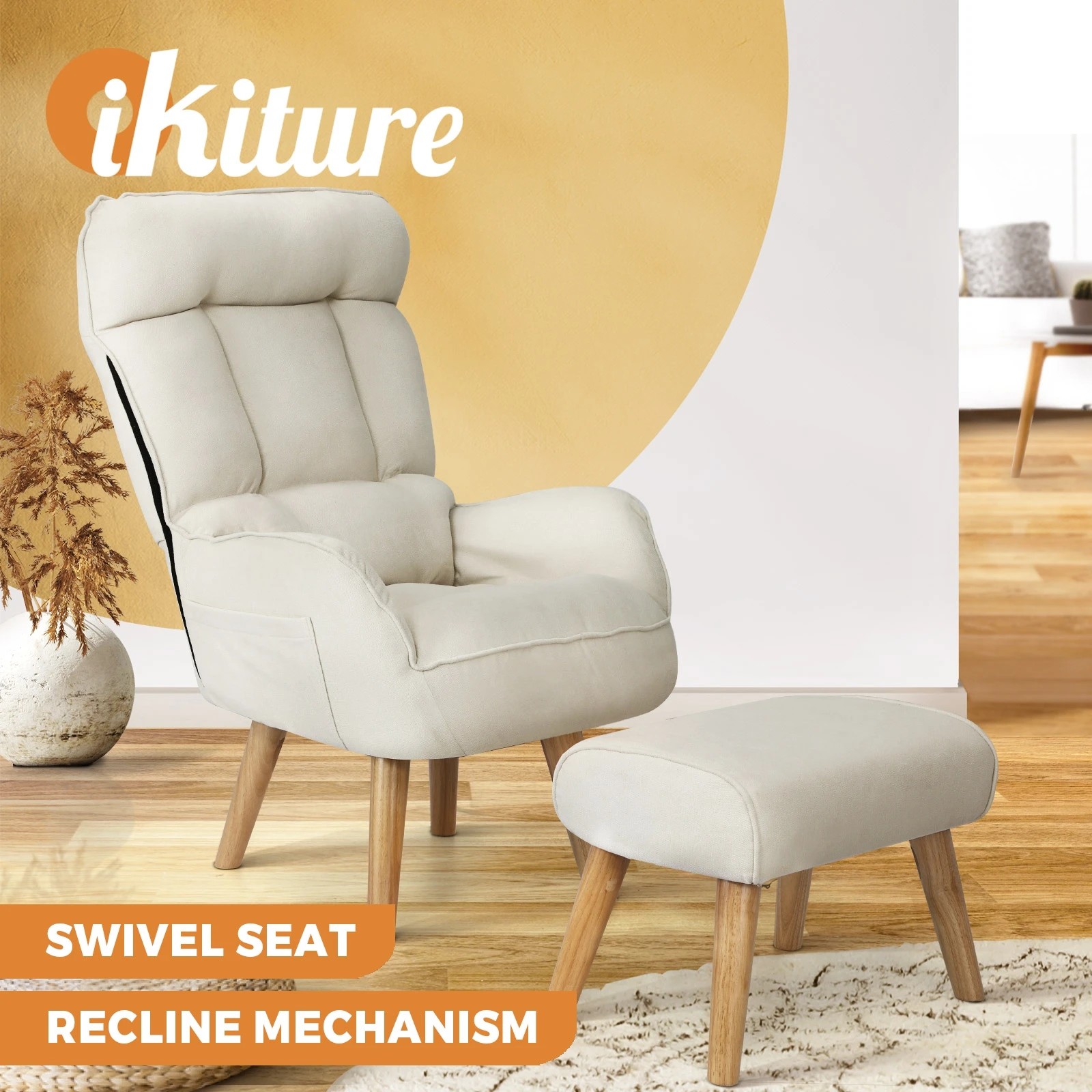 2 Oikiture Swivel Recliner Armchair Lounge Ottoman Accent Chair With Stool
 - Beige, 2 of 10
