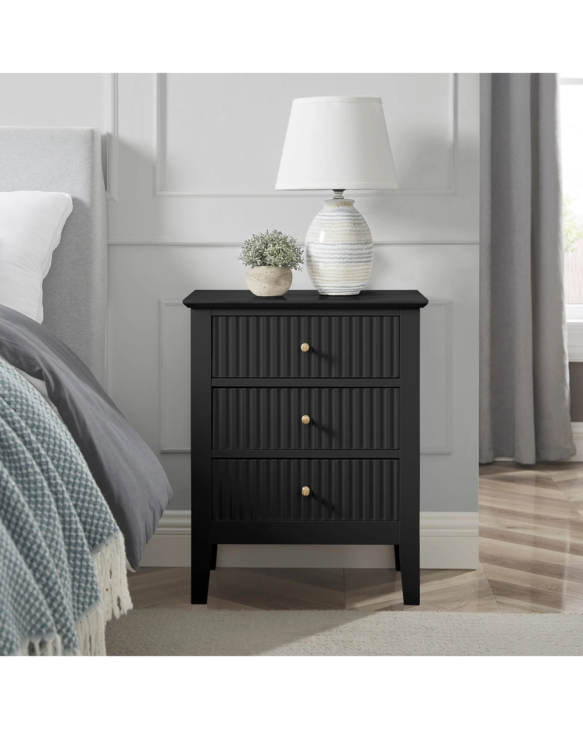 2 Alpine Bay Zara Fluted 3 Drawer Side Table With Shelf Storage Classic Style 48x35x61.5cm - Black, 2 of 6